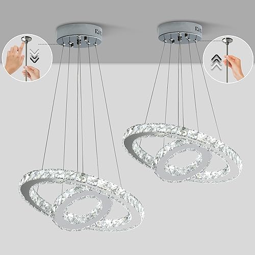 Miniatura 5 de Sunny Hawaii Candelabro LED de cristal, moderna lámpara de techo con 2 anillos para colgar, ajustable, lámpara colgante de acero inoxidable blanco