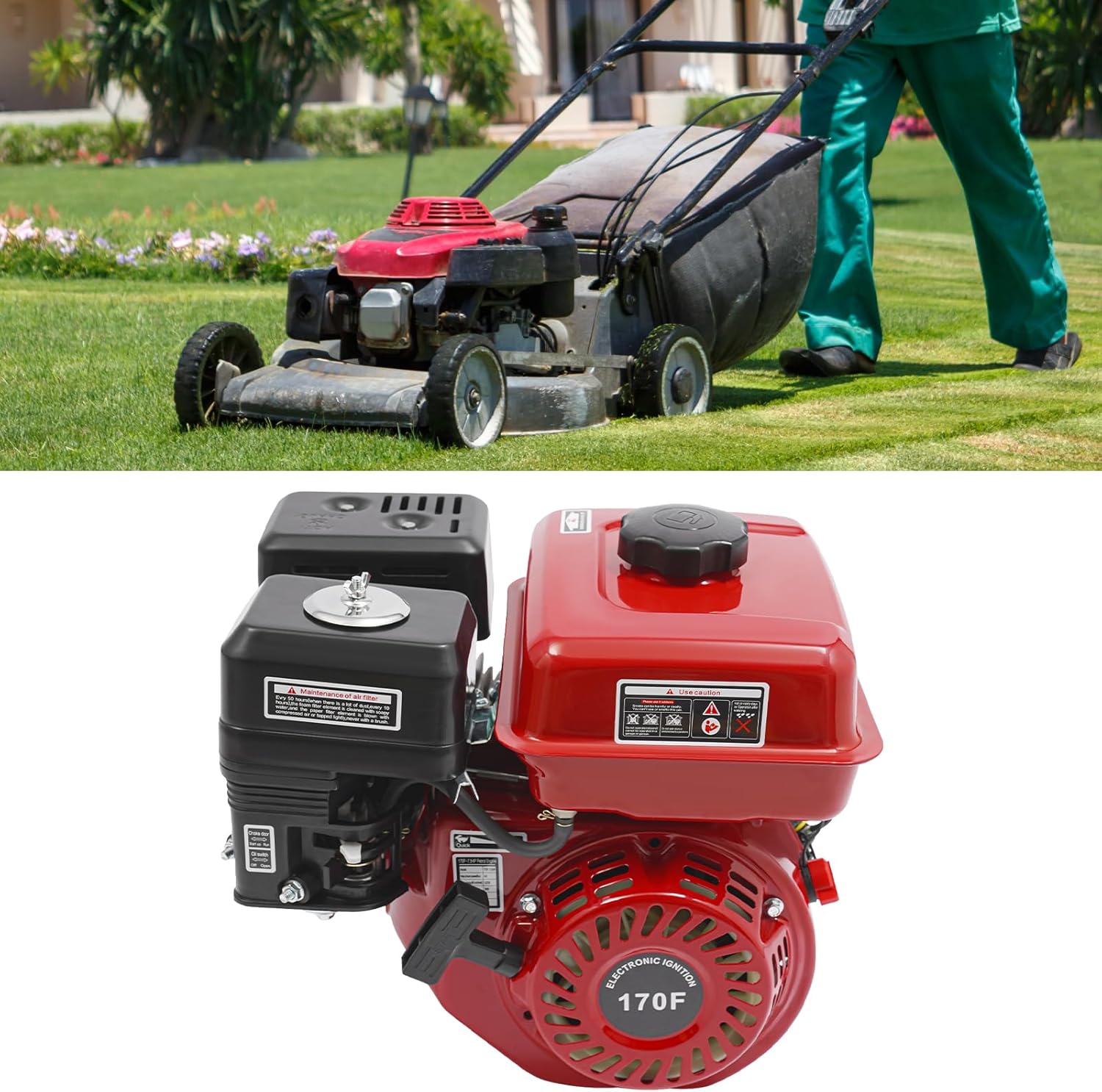 7.5HP 210cc Gasoline Engine, 4-Stroke Gas Engine, Single-Cylinder, Air-Cooled - 4KW 3600RPM Manual Recoil Start Industrial Motor for Generator, Water Pump, Pressure Washer, Lawn Mower & Go Kart, Red