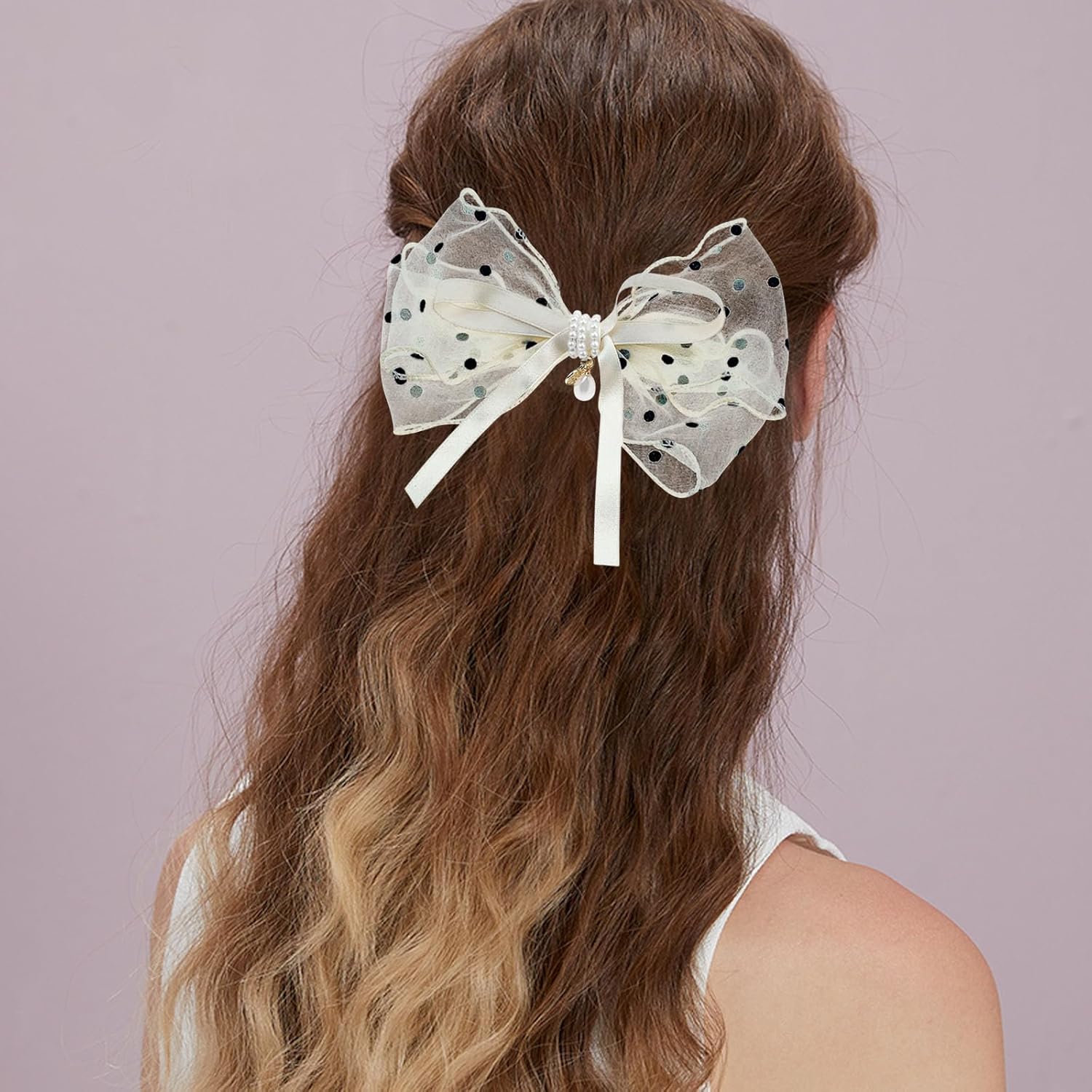 2 Pcs Lace Bow Hair Clips Large Pearl Polka Dot Hair Barrettes Gauze Chiffon Ribbon Bowknot Snap Hair Clasps Cute Tulle French Hair Styling Accessories for Women Girls - Image 6