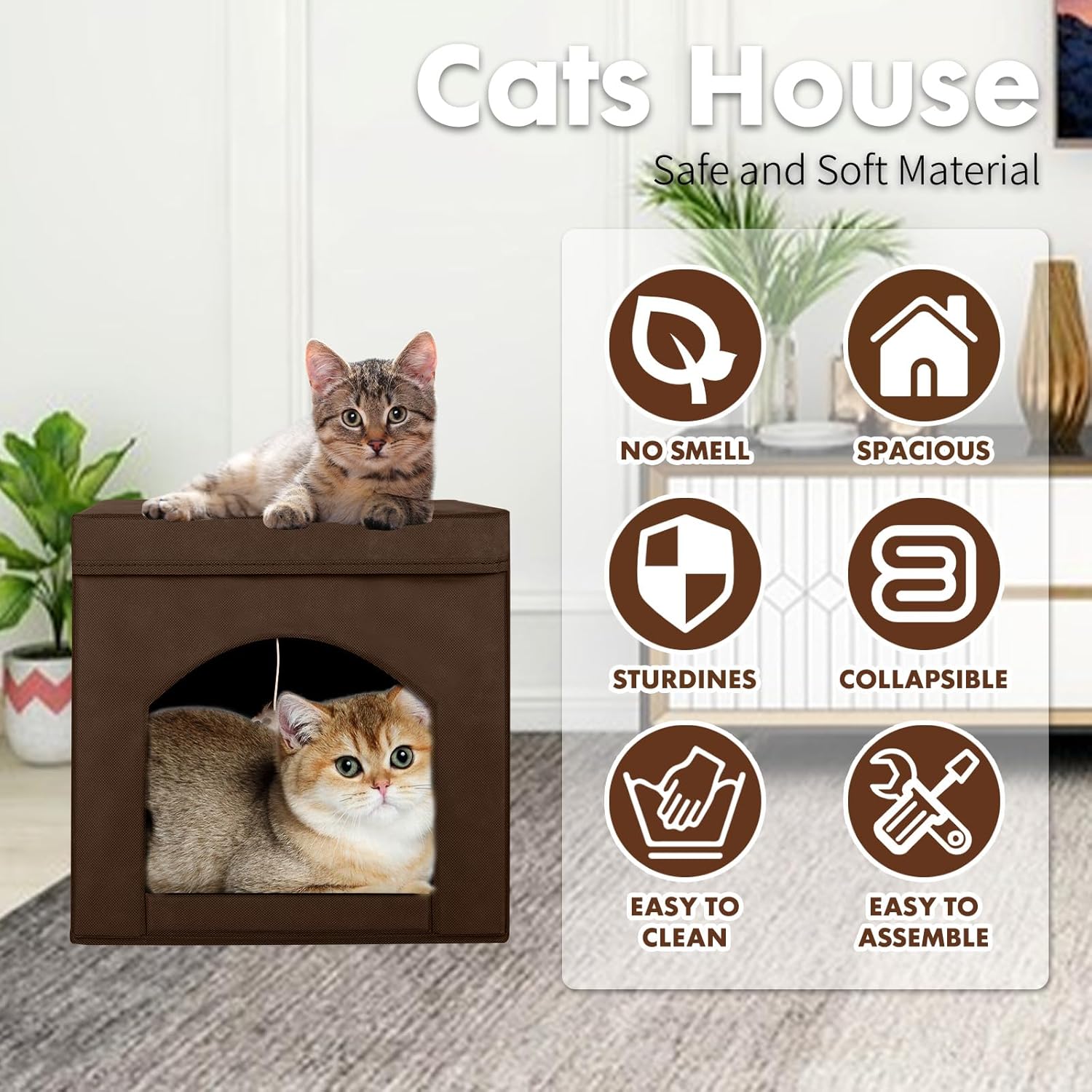review ShellKingdom Collapsible Cat House, Foldable Kitty Cat Cube and Cat Cave with Bed, Colorful Cat Stool Condo for Indoor Cats Gifts, 13 x 13 x 13 inches (Brown)