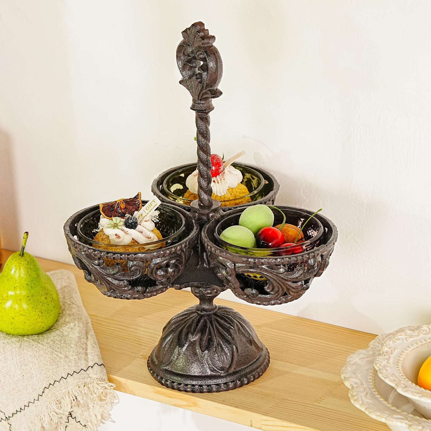 Sungmor Cast Iron Tiered Bowl Stand, Heavy Duty Farmhouse Multi-use Storage Rack, 3 Bowls Serving Stand with Handle, Vintage Kitchen Counter Display, Snacks, Candy & Home Decor
