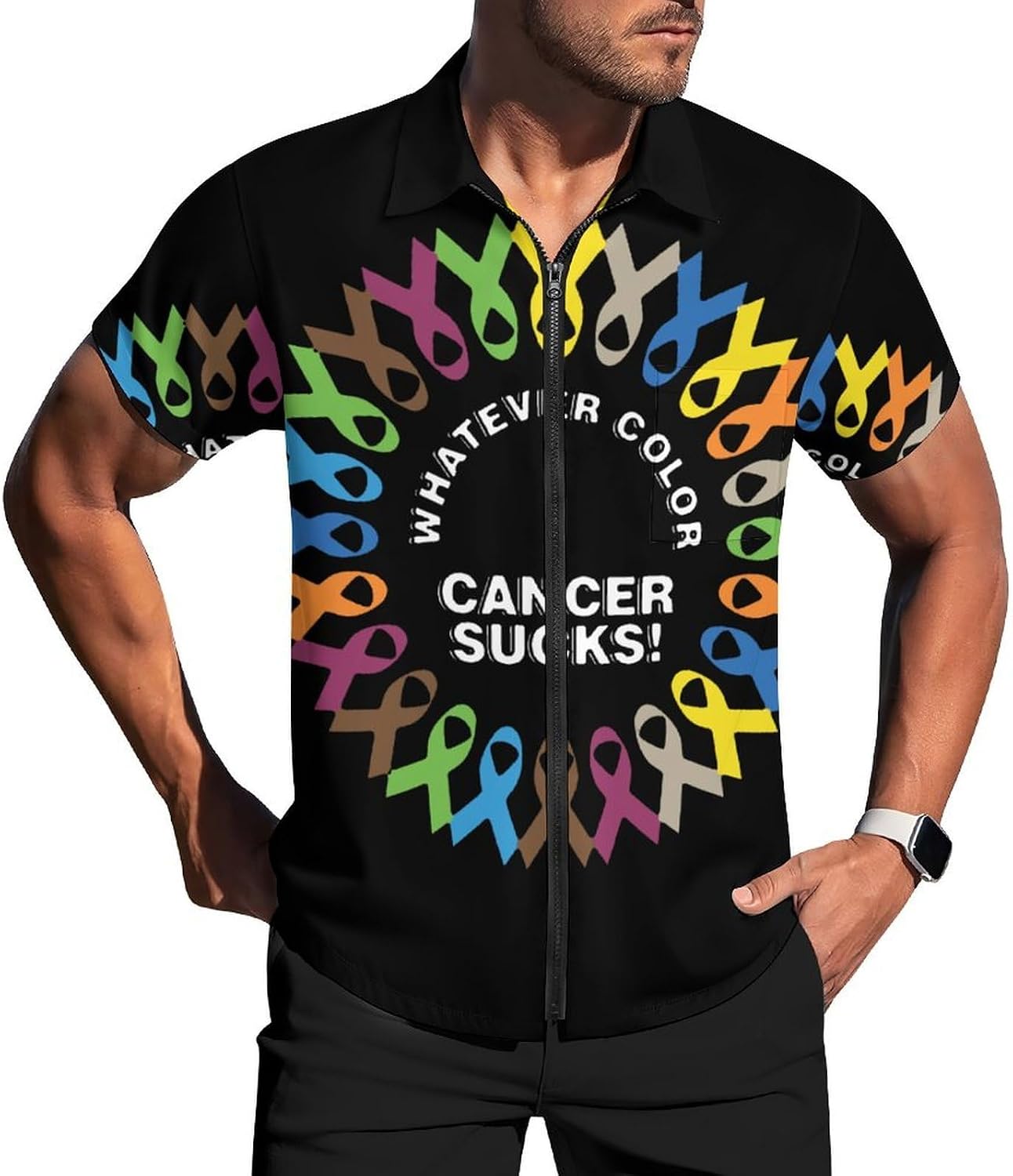 Sucks Cancer Fight Cancer Ribbons Men's Short Sleeve Shirt Zip-Up Golf Polo Shirts with Pocket