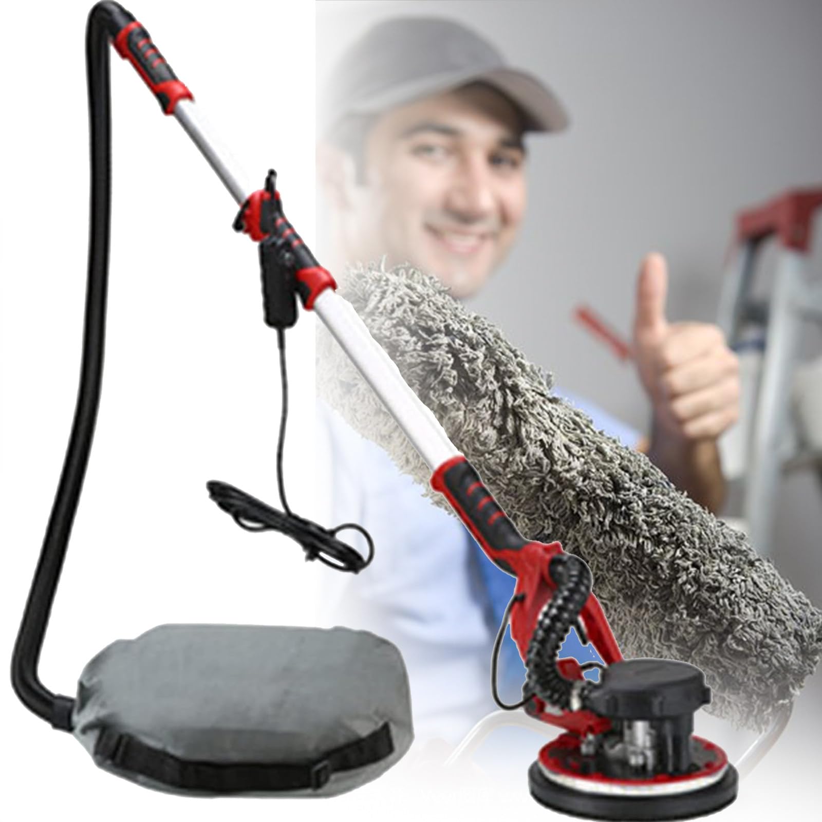 Lijadora y pulidora para Paneles de Yeso | Lijadoras Giratorias para Paredes | 1250W, 0-3000RPM, Tira LED de 360°, Mango telescópico y extracción de Polvo integrada,Sander+100SandPad