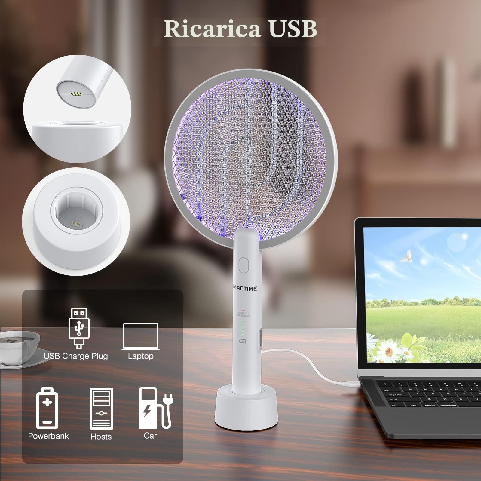 2-in-1 Racchetta Zanzare Elettrica, 2X 4000V Racchetta Antizanzare, USB Base di Ricaricabile, e Lampada UV, Protezione Maglia a 3 Strati, Adatto per Casa, Giardino, Interni ed Esterni