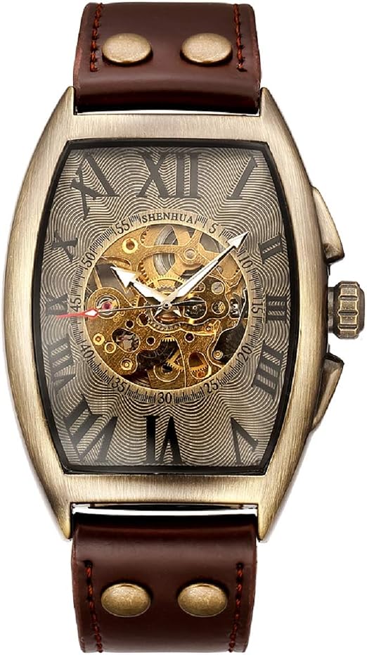 Amazon.com: TIME24 Automatic Mechanical Men's Wrist Watch Skeleton Oval  Dial Leather Strap Bronze Watch (Brown) : Clothing, Shoes \u0026 Jewelry