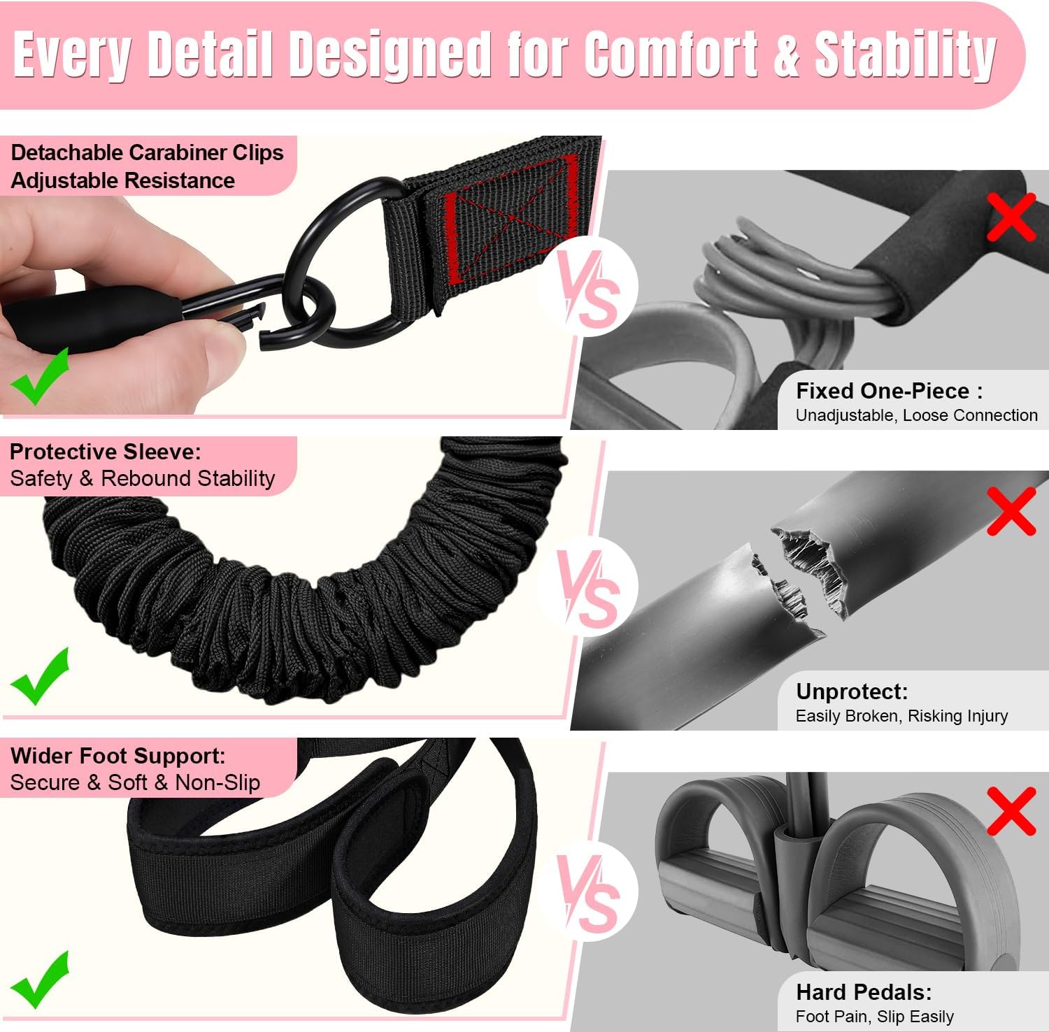 Upgraded Multifunction Pedal Resistance Band with Handle, 3 Tube Adjustable Resistance Bands for Abdomen, Waist, Arm, Core/ABS, Leg Workout - Sit Up Exercise Equipment for Women