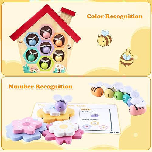 Miniatura 2 de Juego de madera de abeja a colmena, juguete de habilidad motriz fina para niños pequeños, juguetes Montessori de clasificación de colores apilables