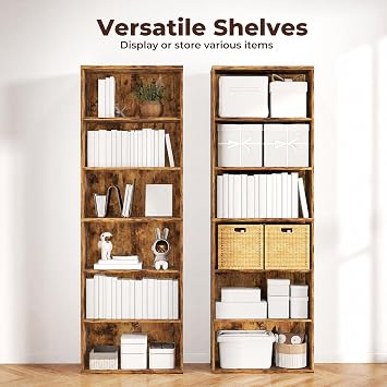 Levede 6-Tier Bookcase, Tall Bookcase, Wooden Bookcase, 178.5 cm Tall, Modern Open Storage Shelf for Home and Office, Brown