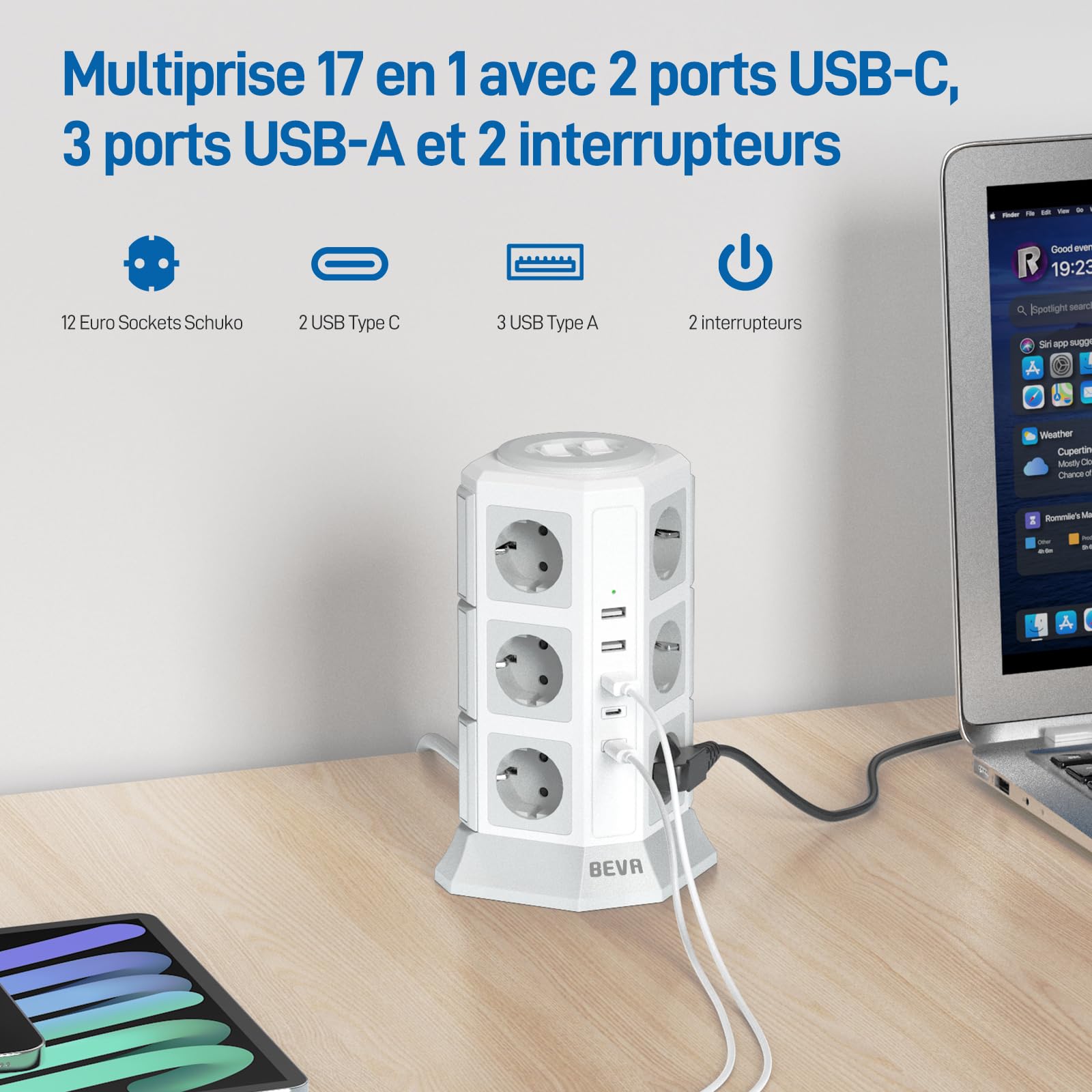 BEVA 12 Prises Tour Multiprise Parafoudre avec Câble 2M,Blanche | 2500W/10A Multiprise Electrique avec 2 Interrupteur et 2 USB-C (15W)+3 USB-A,Multiprise Parafoudre et Surtension