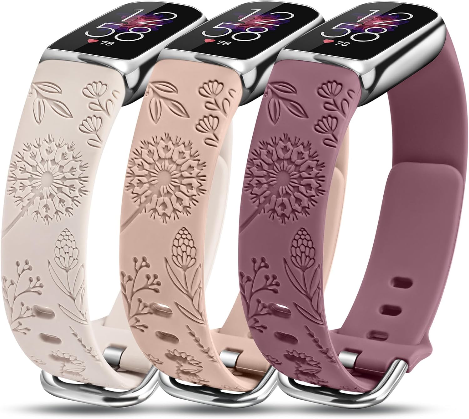 Minyee 3 Packs Compatible with Fitbit Luxe Bands for Women Soft Silicone Floral Engraved Sport Strap Dandelion Wristband Replacement for Fitbit Luxe Watch Bands/Luxe Special Edition Fitness Tracker