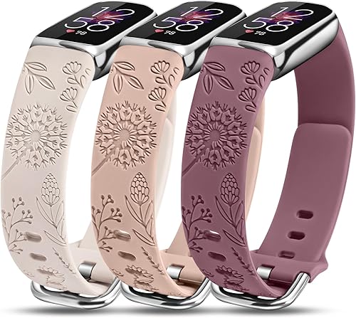 Minyee Paquete de 3 correas compatibles con Fitbit Luxe para mujer, de silicona suave, con grabado floral, correa deportiva de diente de león,