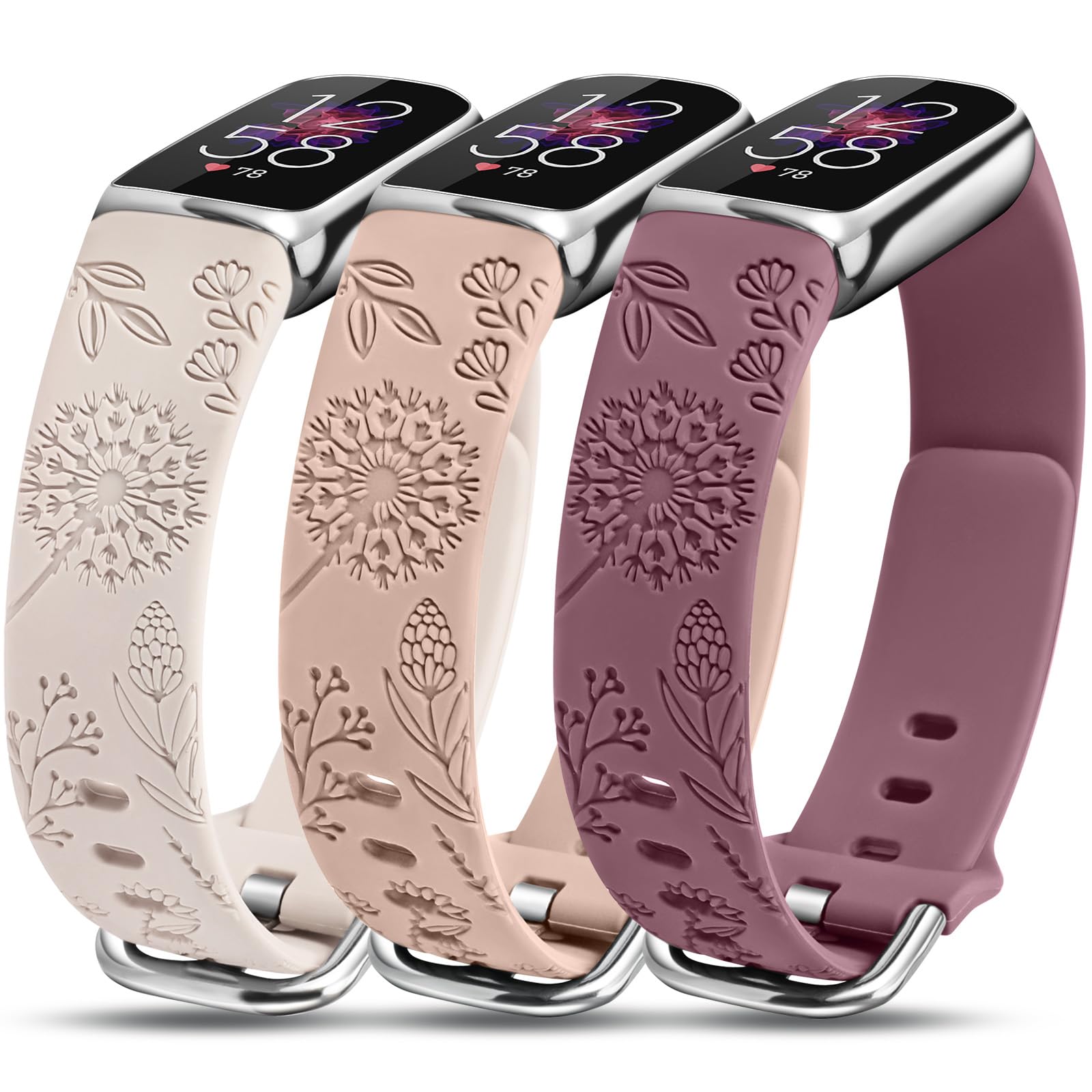 Minyee 3 Packs Compatible with Fitbit Luxe Bands for Women Soft Silicone Floral Engraved Sport Strap Dandelion Wristband Replacement for Fitbit Luxe