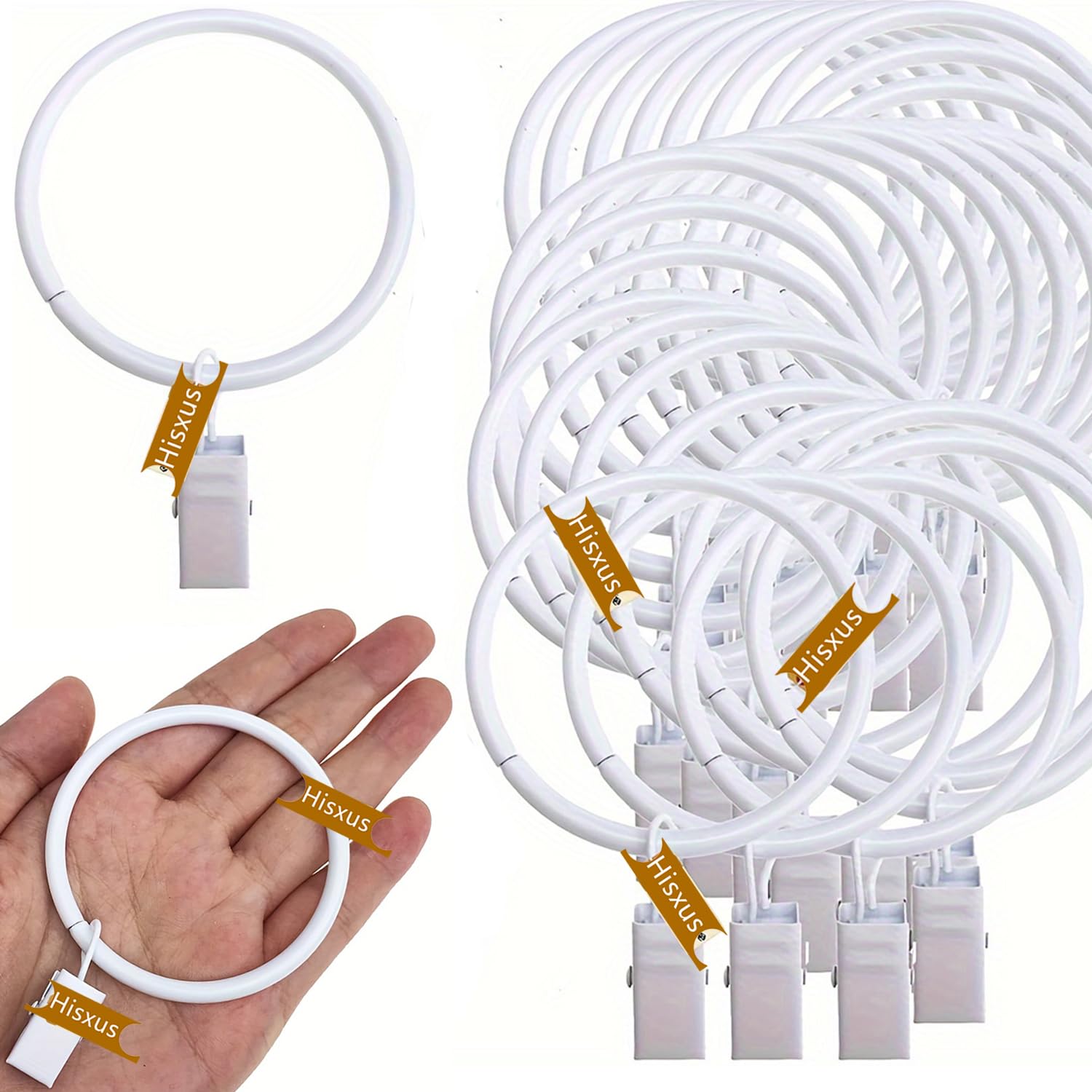 Hisxus White 40 Pcs Curtain Rings With Clips For Curtain Rods, Metal Decorative Curtain Clip, Rustproof Drapery Clip Rings Curtain Rod Clips Hangers For Bathroom, Living And Guest Room (1.5 Inch)