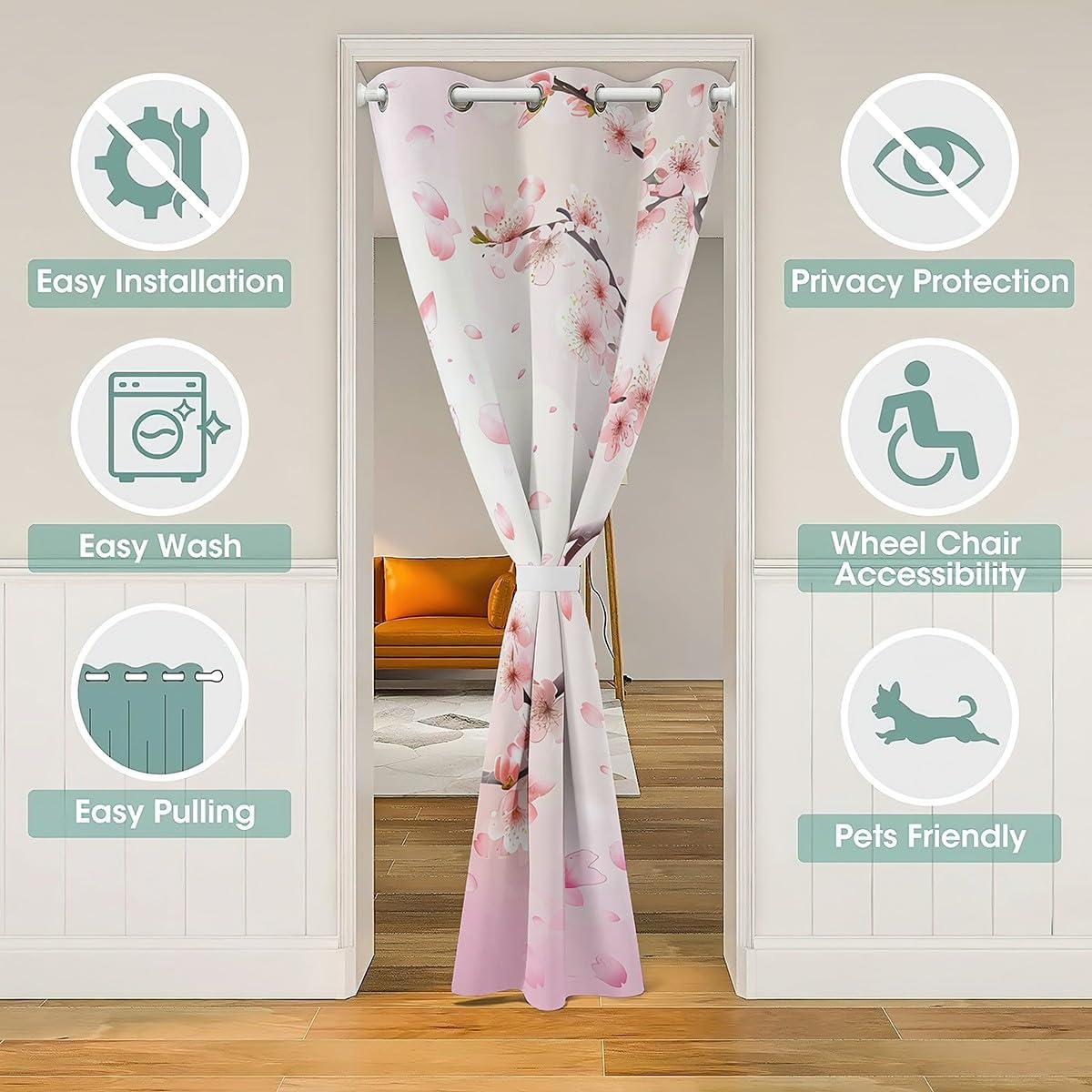 Erosebridal Pink Cherry Blossoms Door Curtain,Girls Japanese Style Romantic Theme Blackout Curtain,Botanical Floral Print Doorway Curtain for Teens Couple,Garden Flower Door Drape 34" W X 80" L