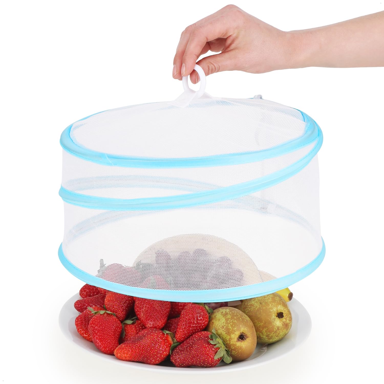 COM-FOUR® 4x coperture antimosche pop-up - coperture per alimenti - ombrelli alimentari pieghevoli in due misure - protezione dagli insetti - copertura in rete (4 pezzi - bianco/blu/verde)