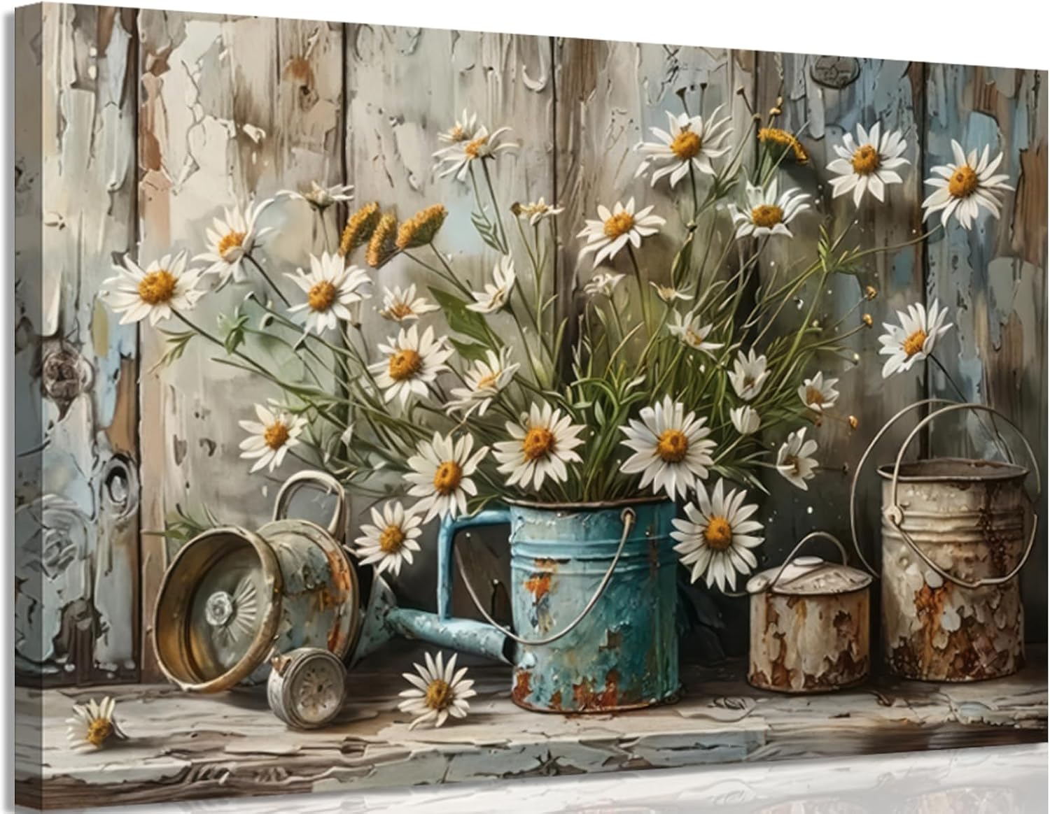 Daisy Canvas Wall Art Butterfly Wall Decor Inspirational Poster Print Flower Picture Painting Still Life Suitable for Country Farmhouse Bedroom Bathroom Rustic Wall Decoration (blue, 24x16in canvas)