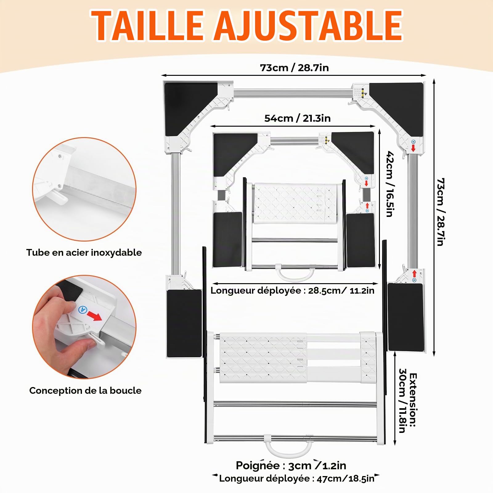 MISTRO Kit de Superposition Universel Réglable 42-73cm Cadre Intermédiaire Monobloc avec Tablette Extensible 12kg et Barre Porte-Serviettes Station de Pliage Gain de Place pour Buanderie