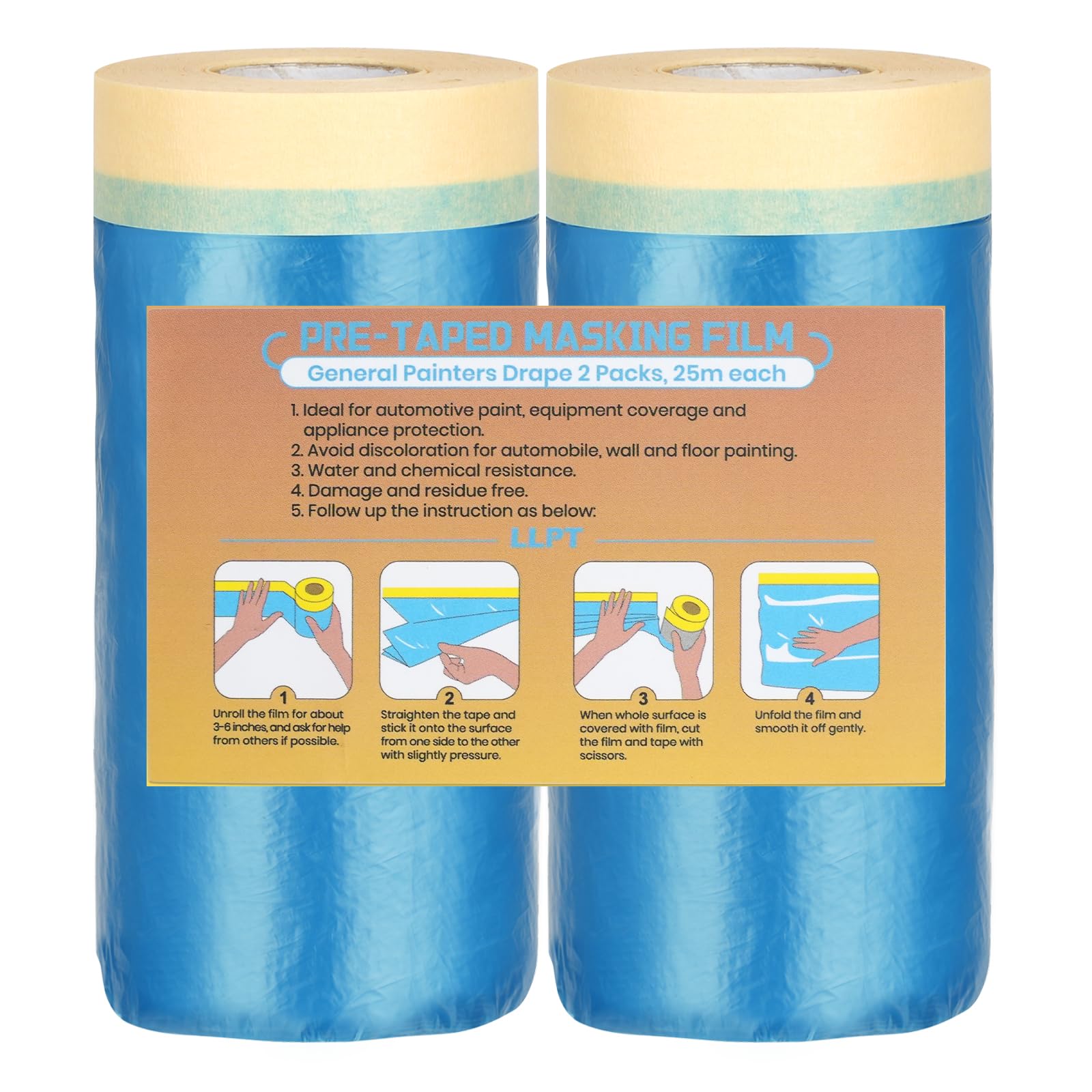 LLPT Abdeckfolie Klebeband mit Folie 90cm(ungefaltet) x 25m 2 Rollen