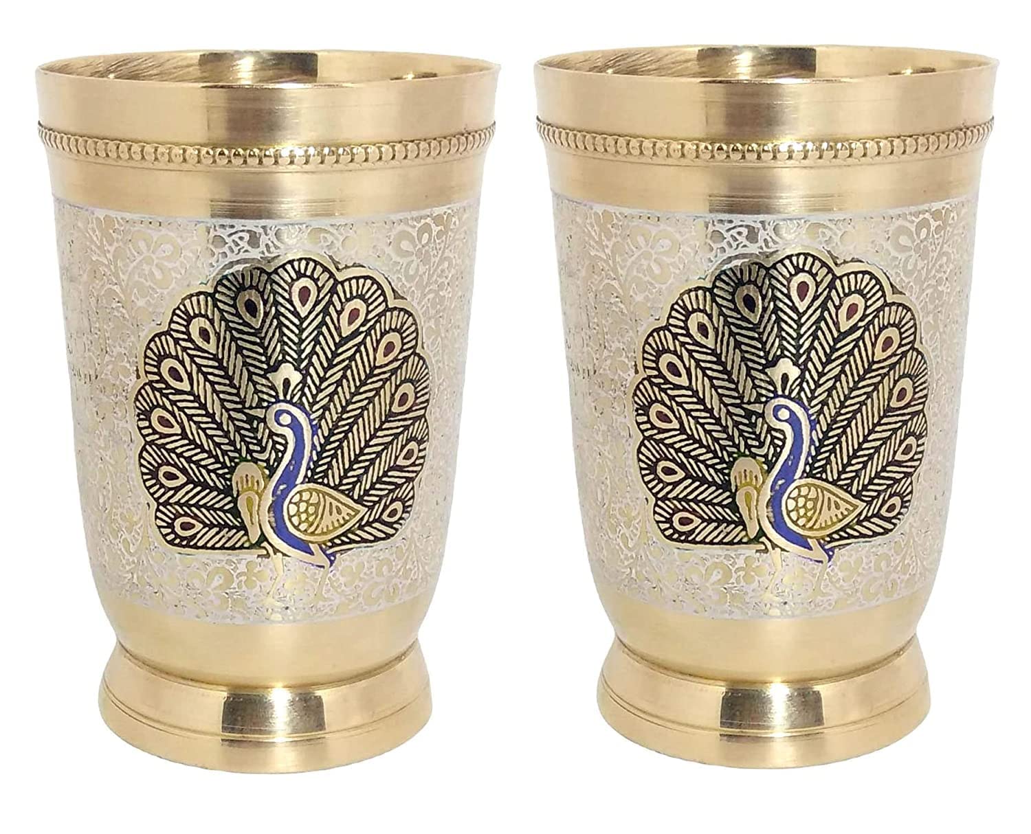 Brass Glass Peacock Design Glass for Serving Water Drinkware Big Size Water Glass Volume-250 ML Each - Set