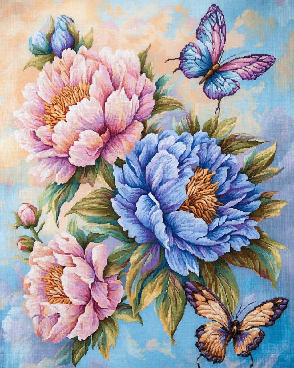 WallustrioaW Cross Stitch Stamped Kits,Peonies and Butterflies,Pre-Printed Cross-Stitching Starter Pattern for Beginners Adults,11CT Embroidery Needlepoint Kits,40x50cm