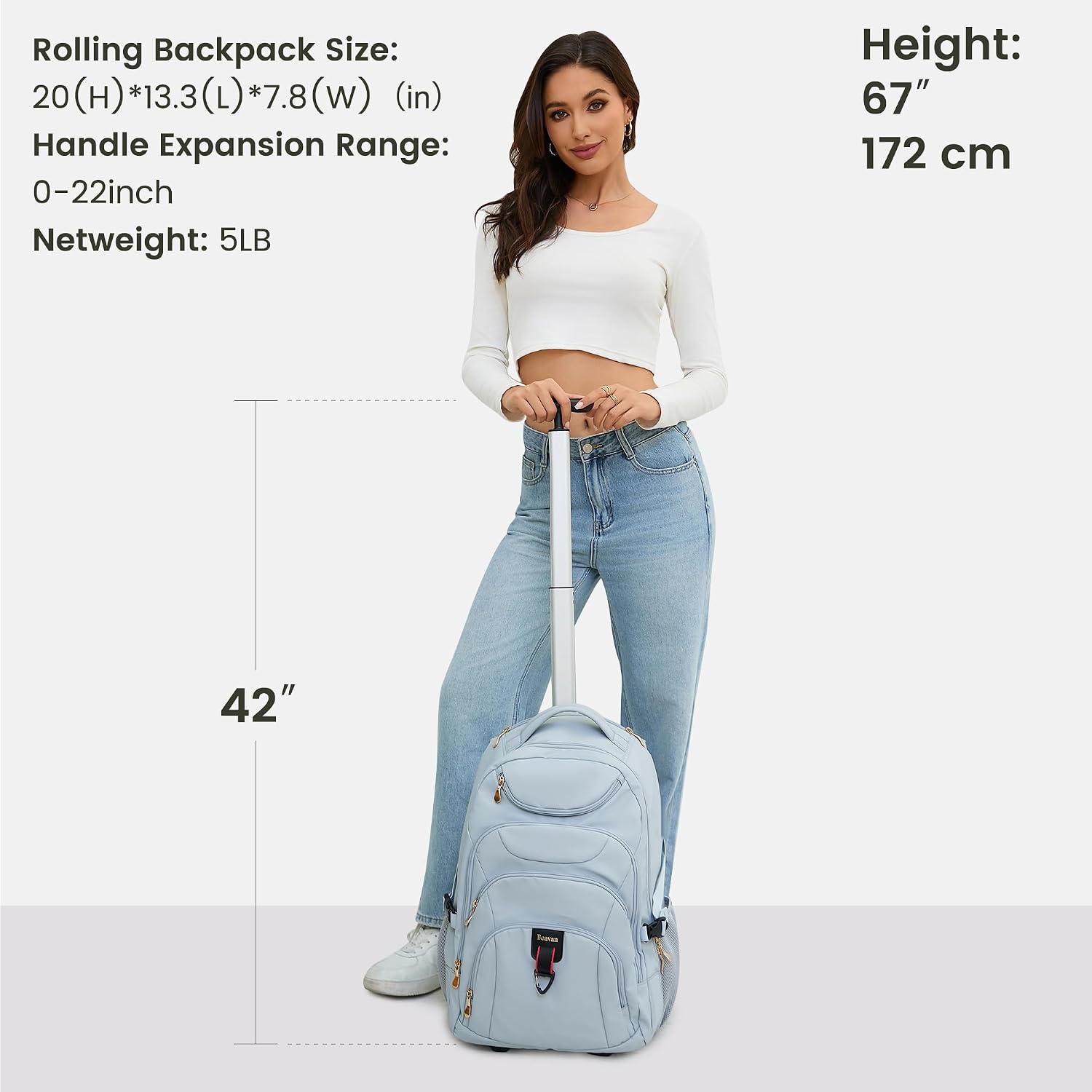 Boavan Rolling Backpack for Women, 17.3 Inch Wheeled Laptop Backpack,Large Travel Carry-On Bag for Teachers College Students, Waterproof Business for Airplane Overnight Luggage，Blue