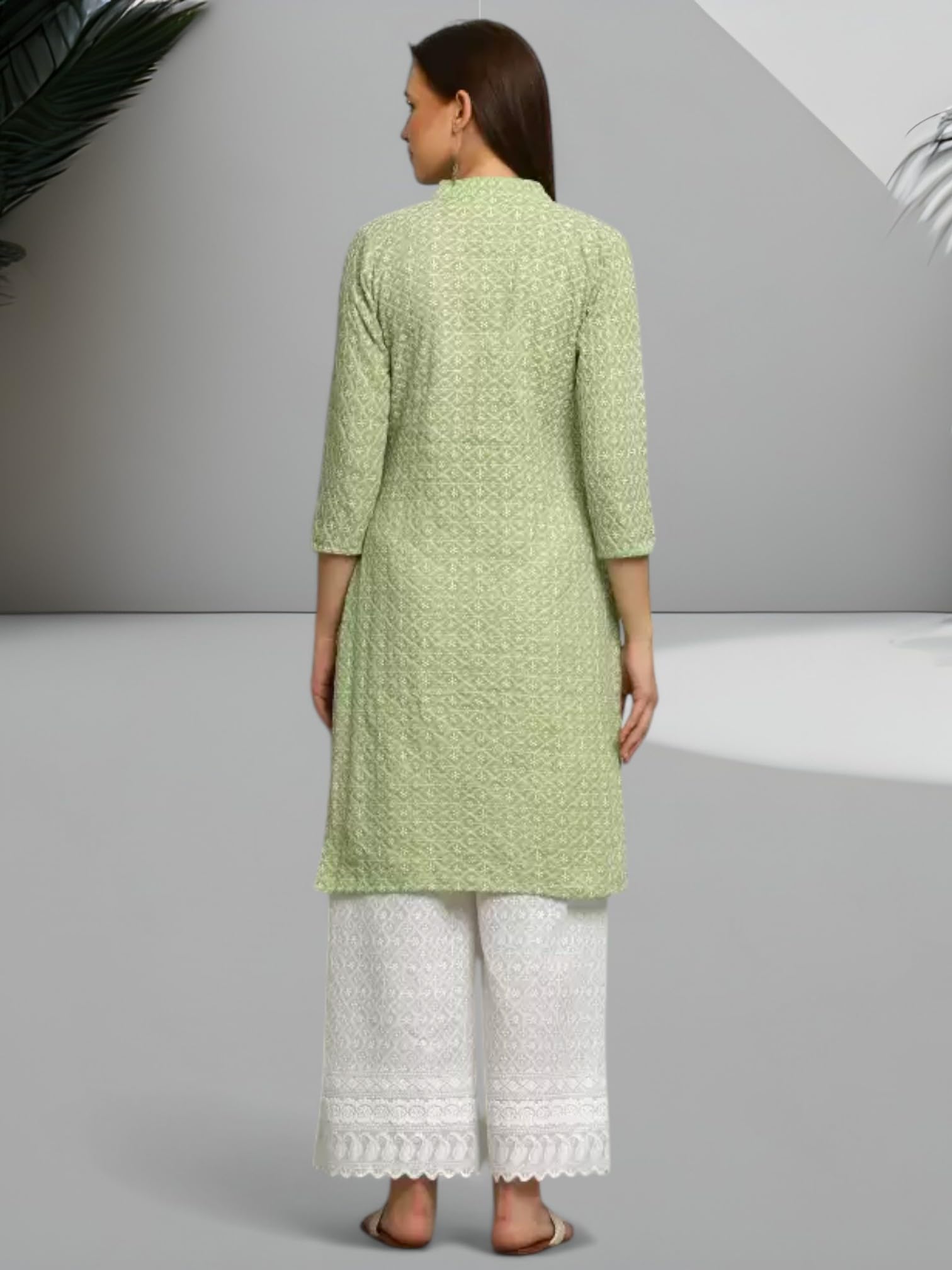 RangMahal Damen Baumwolle Indisch Handgefertigt Lucknowi Chikankari Kurta Palazzo Set Traditionelle Kleidung