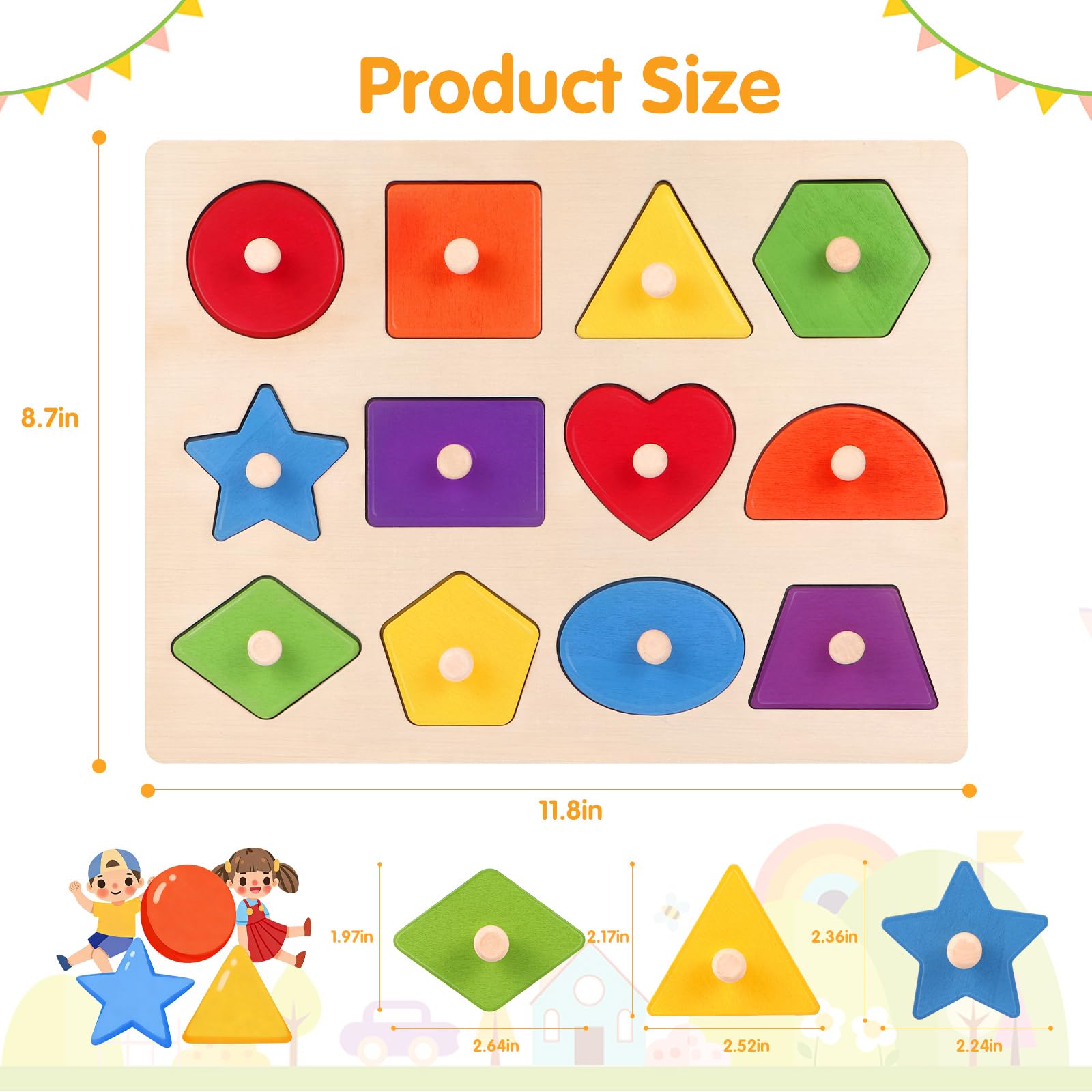 Montessori Holzpuzzle in Klammerform für Kleinkinder | Stabiles, leicht zu greifendes glattes Holzbrett, lustiges Lernspielzeug für Vorschule, Geschenke für Jungen und Mädchen