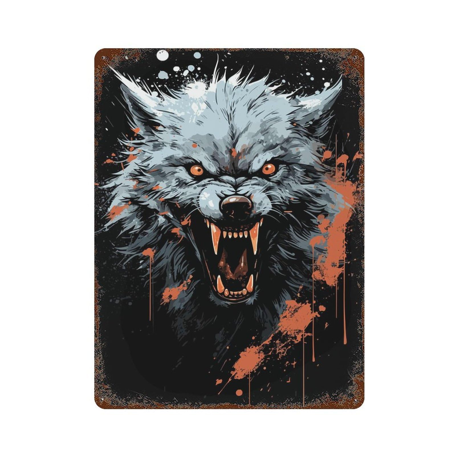 Vintage Rust Metal Sign Angry Wolf 15.7"x11.8", Novelty Wall Decor for Garage, Bar And Workshop Decor