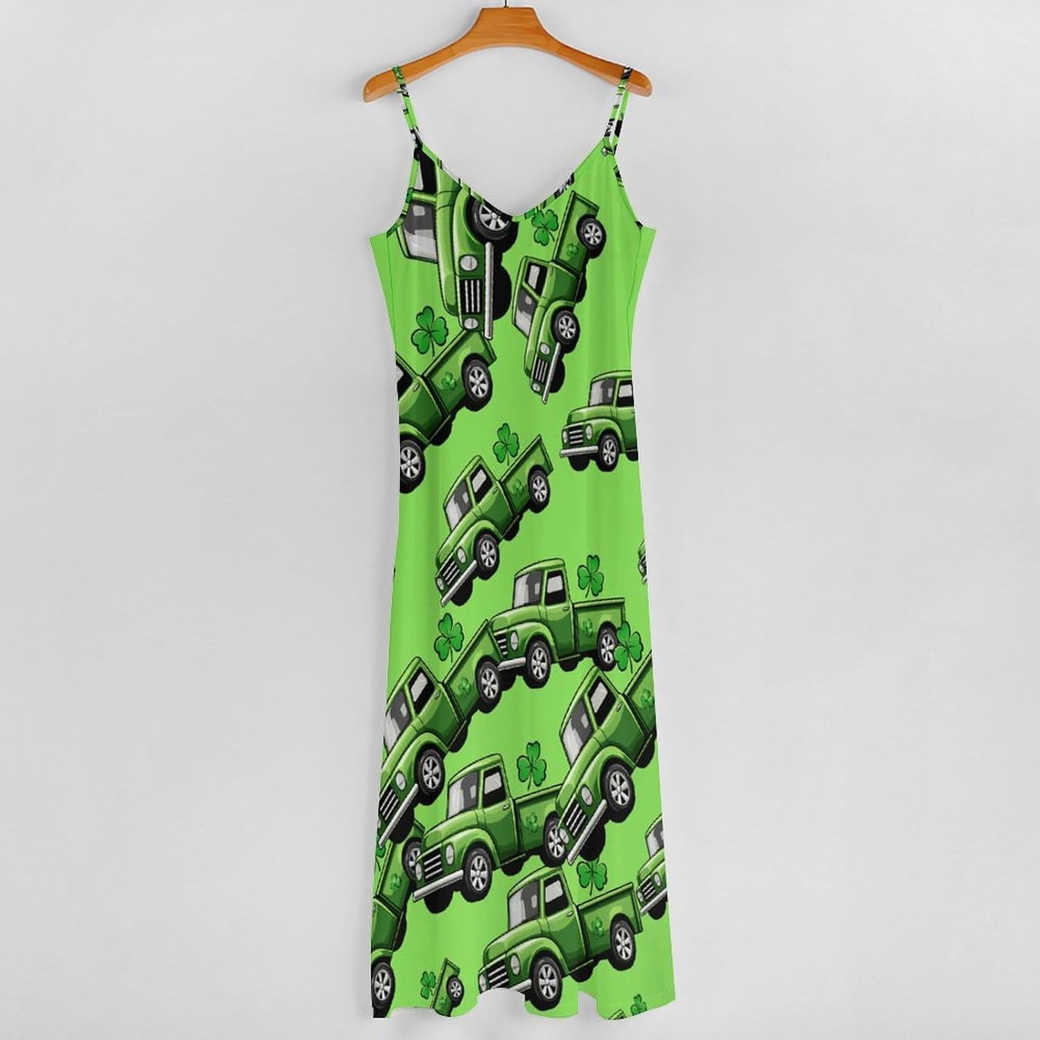 St-Patrick's Day Shamrock Truck Maxi Dresses for Women V Neck Long Dress Sundress Spaghetti Straps Beach Dress
