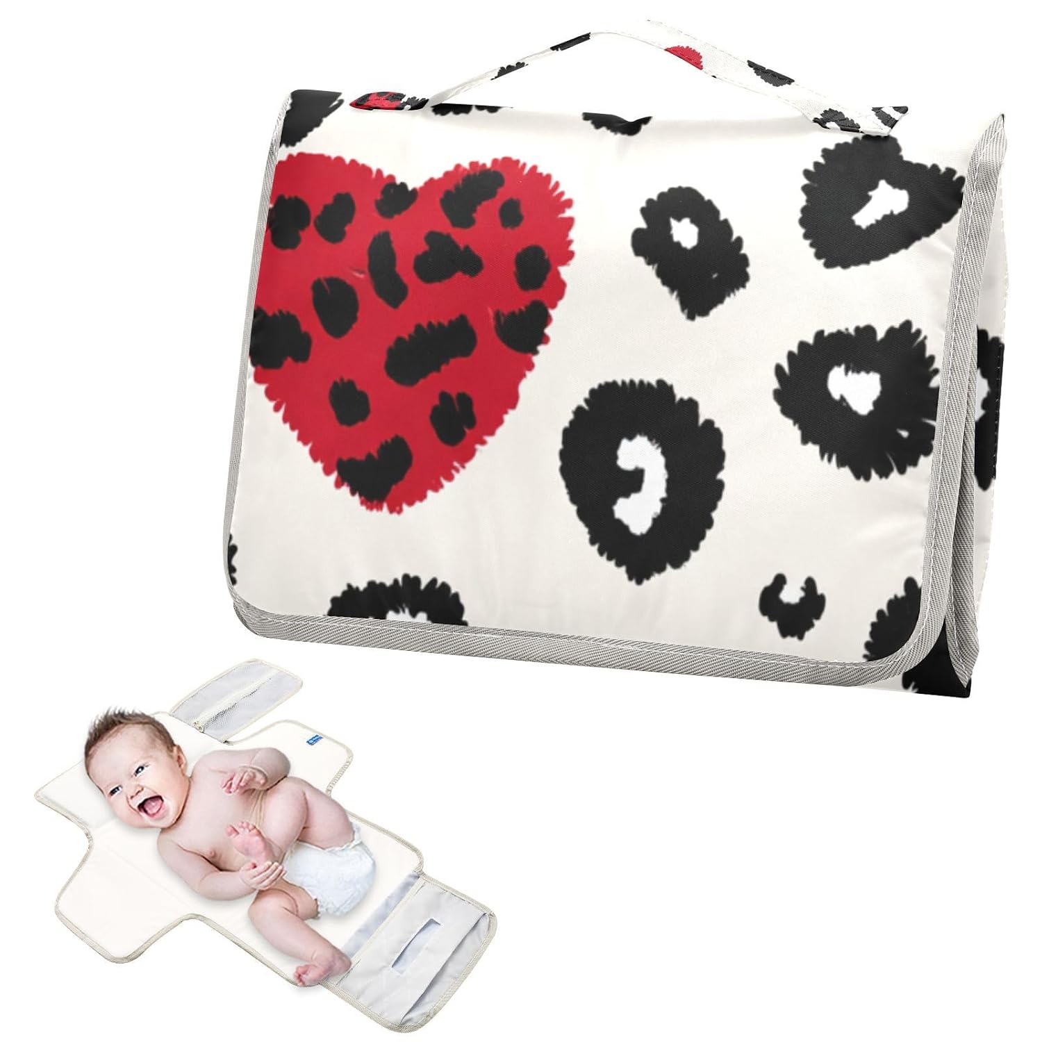 Fashion Red Heart Leopard Print Christmas Reusable Toddler Changing pad with Tissue Pocket Baby Portable Changing pad for Newborns Girl & Boy cambiadores de pa?ales para Bebes