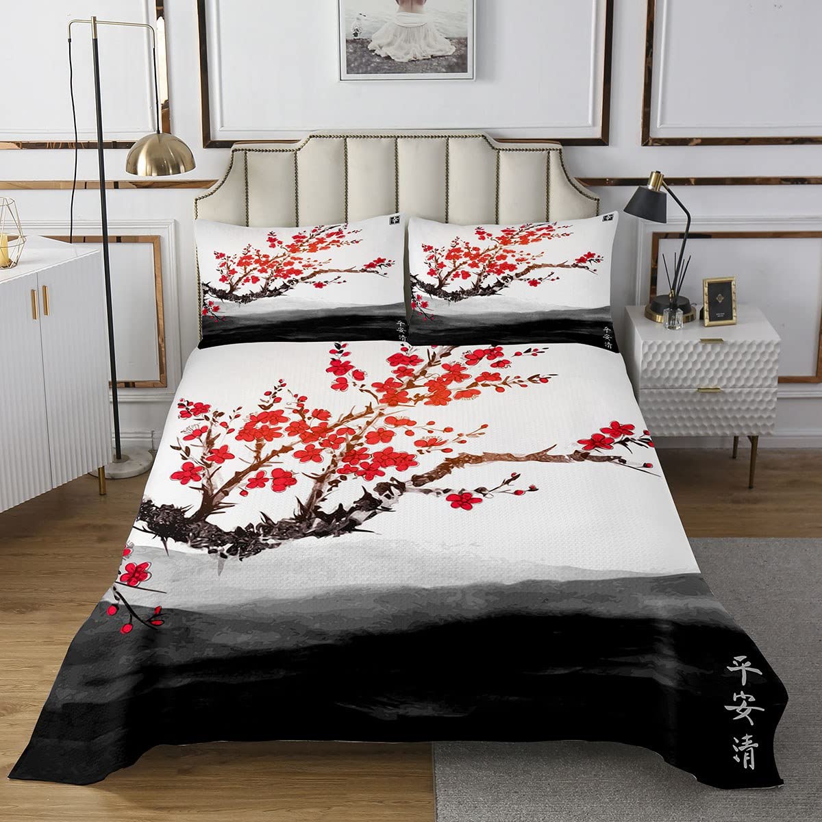 Kersenbloesem Kraan Hokusai Gewatteerde Sprei voor Kinderen Jongens Meisjes Tieners Japanse Ukiyoe Gewatteerde Coverlet Set Japanse Stijl met 2 Kussenslopen 3-delig Beddengoed Dubbel