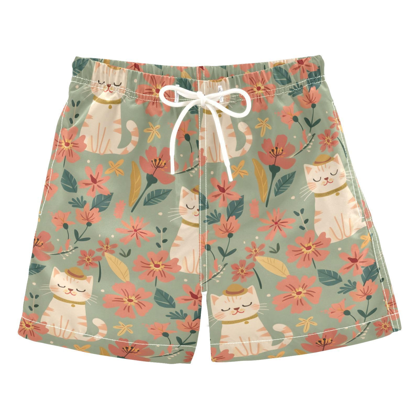 ALAZA Cartoon Cat Flower Animal Boys' Swim Trunks Beach Shorts Quick Dry Swimsuit 14-16 Years