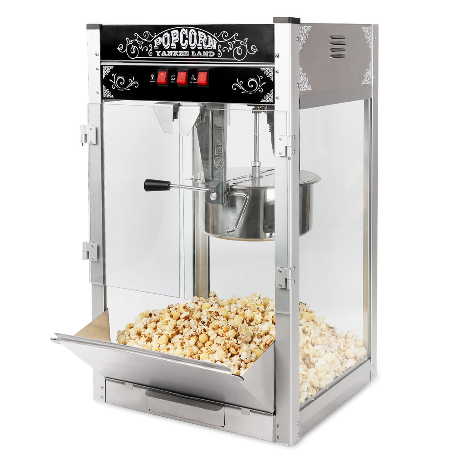 Nyddle Commercial Popcorn MAKER Machine, 16 Oz Kettle, 1440 W Countertop Popcorn Maker for 80 Cups per Batch, Theater Style Popcorn Maker Machine with 3-Switch Control Steel Frame Tempered Glass Doors