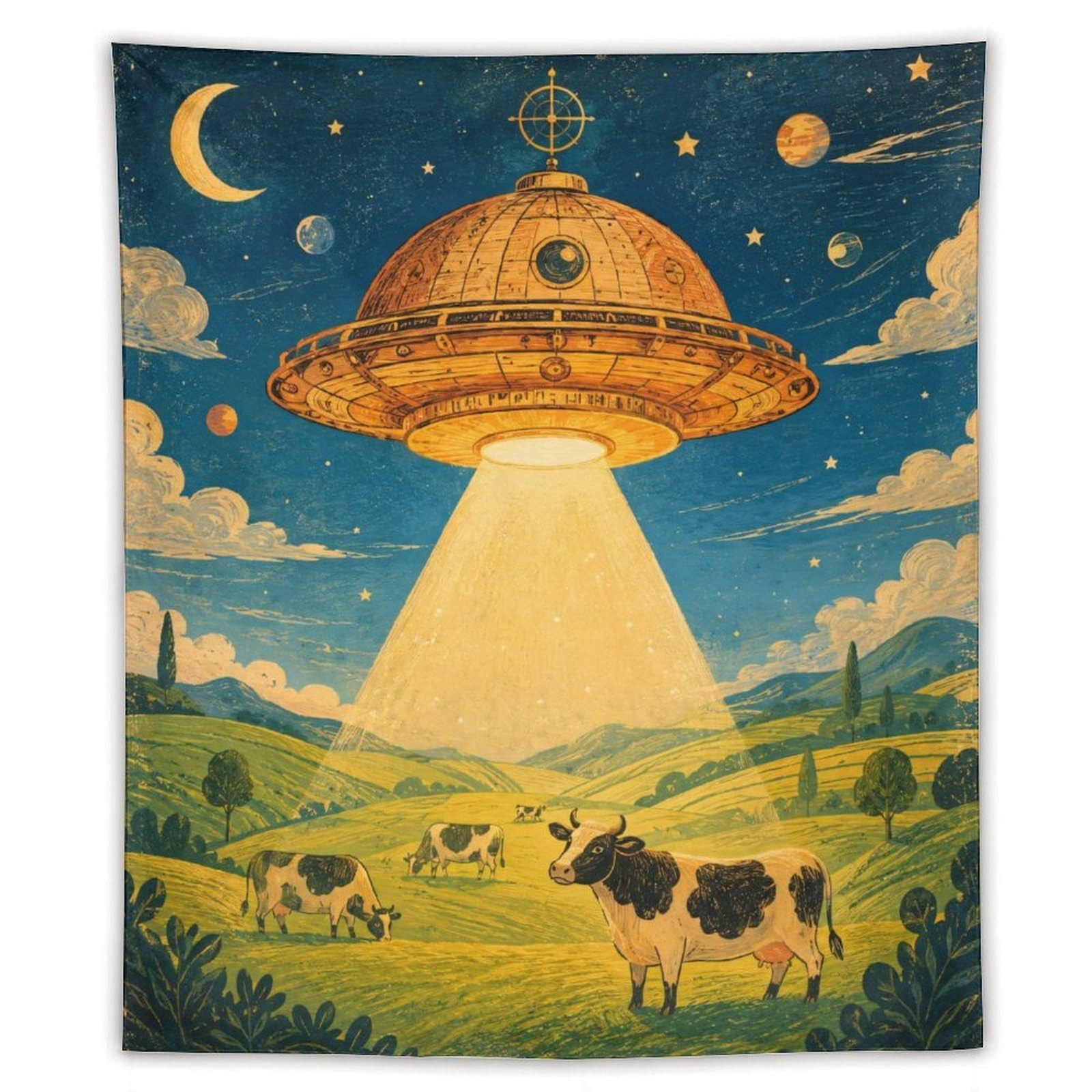 H3B8U2Y5 UFO Cattle Green Pasture Wall Tapestry, Room Divider