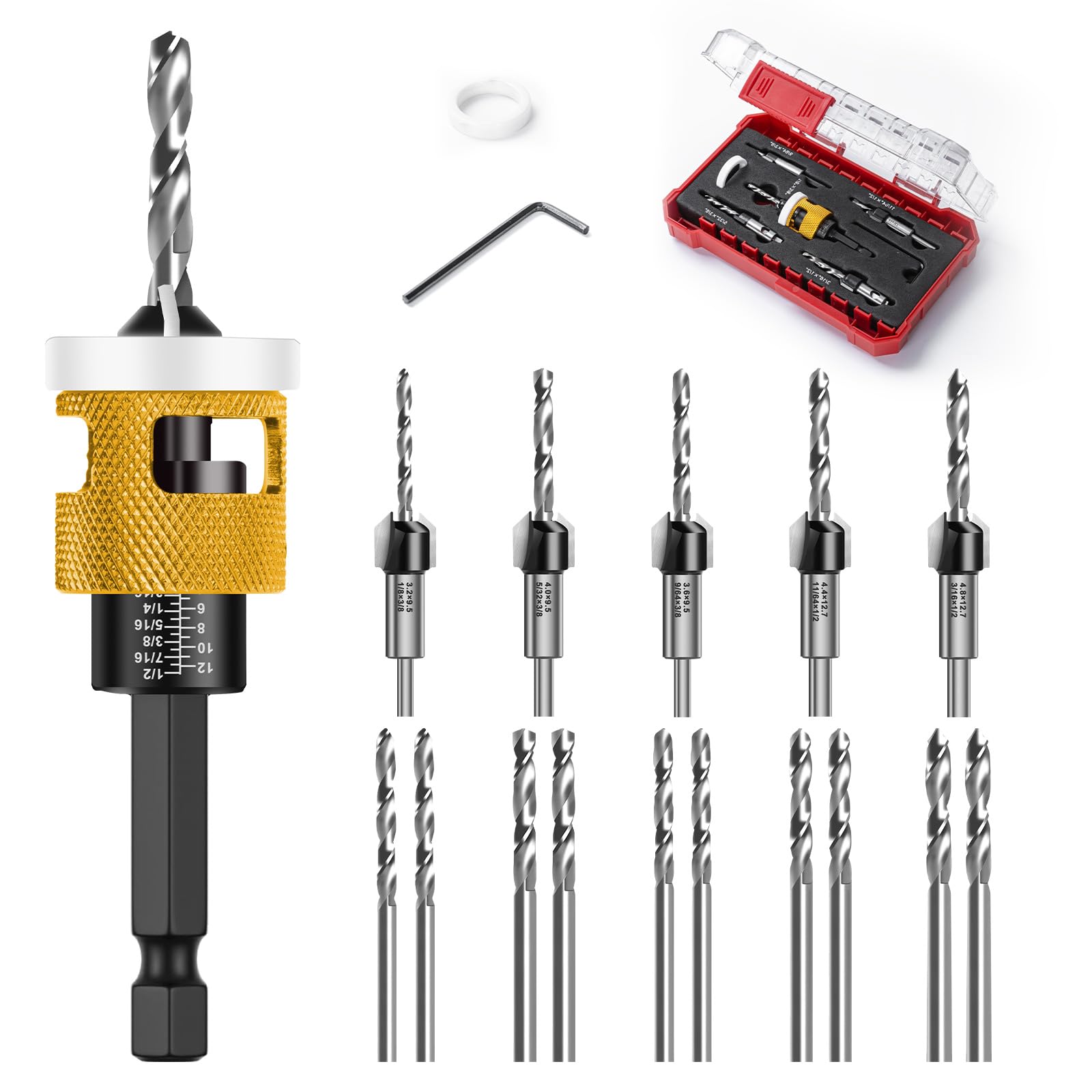 Mtchavno Countersink Drill Bit Set, 15 Pieces, Countersink Wood Drill Bit with Depth Stop