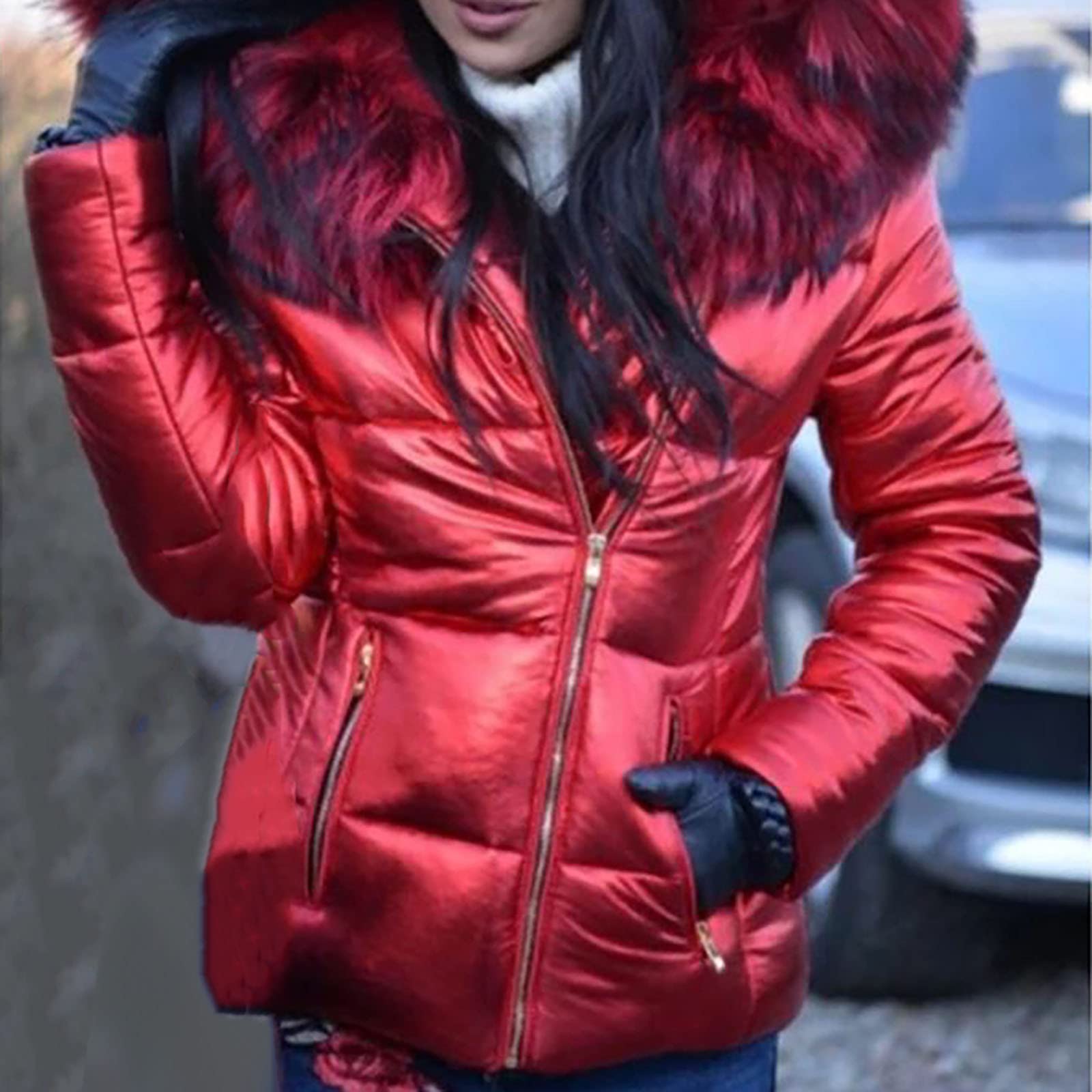 Generisch Damen Glänzende Daunenjacke Kurz Steppjacke Mit Pelzkragen Fellkapuze Winter Warm Winterjacke Wintermantel Fleece Gefüttert Parka Puffer Jack Elegant Daunenmantel Steppmantel Outdoor Mantel