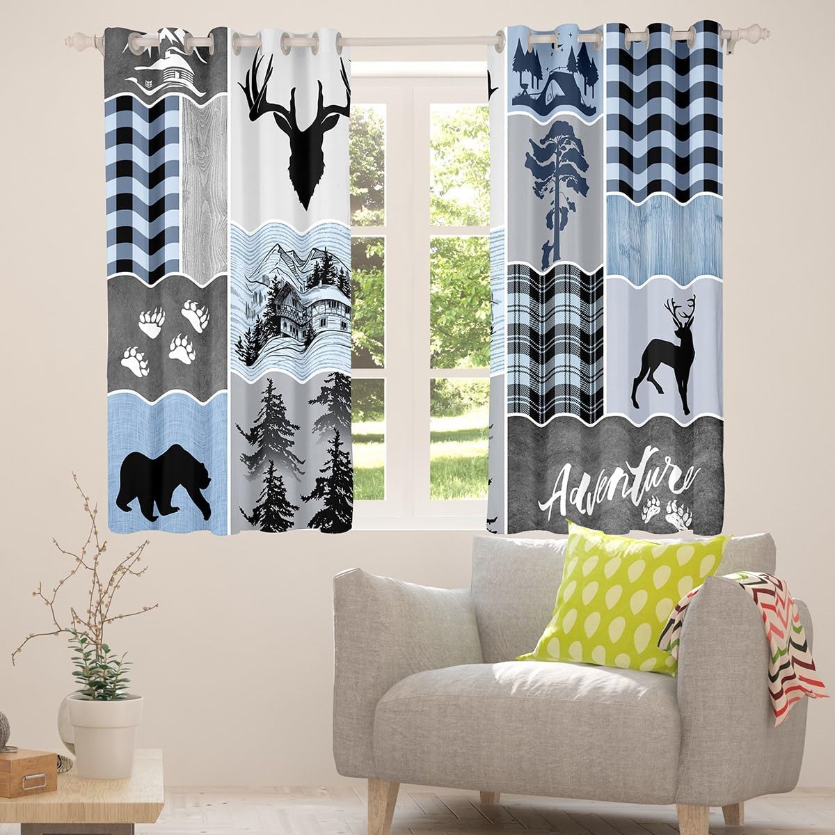 Manfei Deer Antler Window Curtains,Bear Paws Rustic Farmhouse Xmas Window Drapes for Kids Boys Girls Adults,Plaids Patchwork Adventure Blue Window Treatments Grommet Top 2 Panel Set,42Wx63L inch