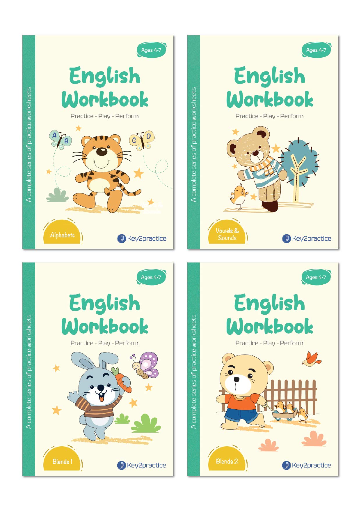 Key2Practice Pre-Primary English Grammar Activity Workbook (Set of 4) For Ages 4-7 yrs : 258 Worksheets, Combo of (Alphabets, Vowels and Sounds, Blends 1, Blends 2)