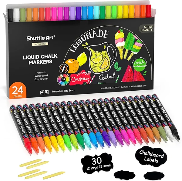 Shuttle Art Chalk Markers, 24 Vibrant Colors Liquid Chalk Markers Pens for Chalkboards, Windows, Glass, Cars, Erasable, 3mm Reversible Fine Tip with Chalkboard Labels for Office Home Supplies