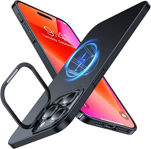 TORRAS Magnetic Slim Fit for iPhone 15 Pro Case with Stand, Compatible with MagSafe, Built-in Stash Stand, Ultra Thin 15 Pro Case, Lightweight Anti-Scratch Matte Hard Phone Case 6.1 inch, Black