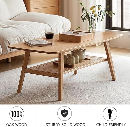 Miniatura 9 de Mesa de centro de madera - Mesa de centro de roble de 2 niveles - Mesa de centro moderna con estante de almacenamiento para sala de estar,