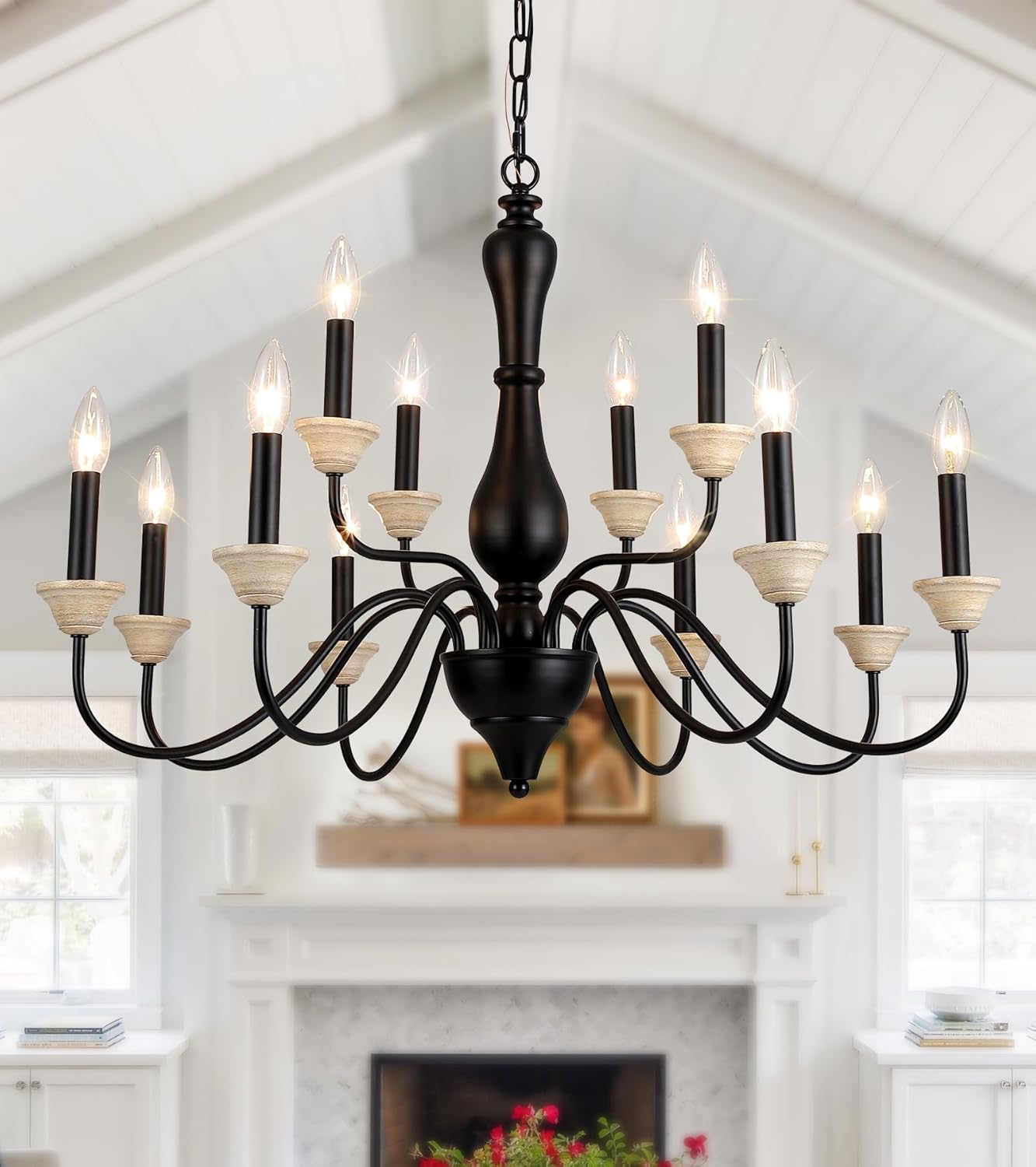 French Country Chandelier,Farmhouse Large Vintage Antique Black +OAK 12-Light Chandelier Pendant Light Fixtures for Kitchen Island Dining Room Living Room Foyer Entryway Office Height Adjustable