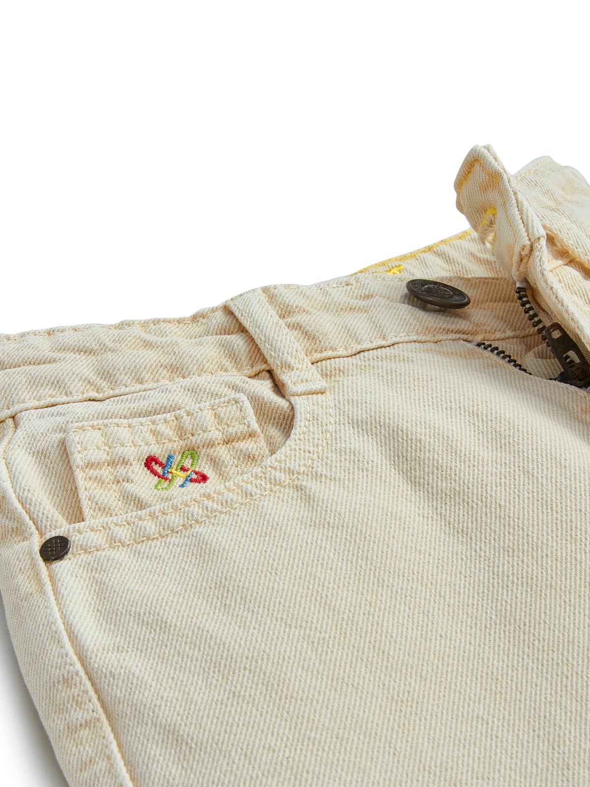 Knit N Knot Girl's Kids Beige Cream Wide Leg Flared Fit Relaxed Loose Colour High Waist Frayed Bottom Jeans | Regular Casual Festival Occassional Wear | Non Stretch | Adjustable Waist 3