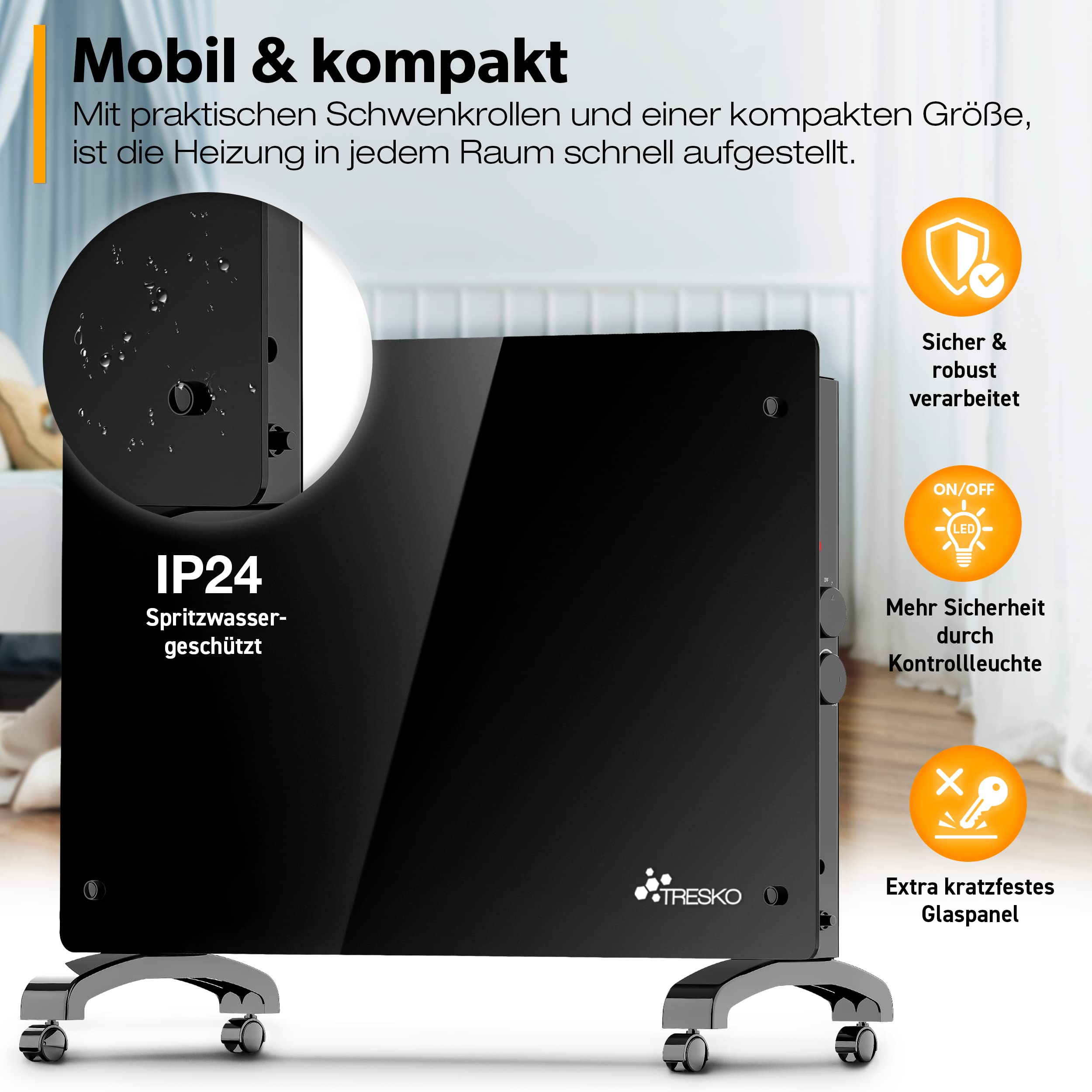 TRESKO® Szklany konwektor elektryczny 1500 W | grzejnik szklany | grzejnik elektryczny | grzejnik elektryczny do ogrzewania stojącego lub ściennego