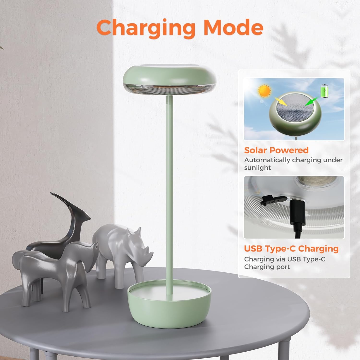 Solar Yard Outdoor Table Lamp, Cordless USB Solar Table Lamp for Patio Water Resistant, 3 Lighting Modes Solar Desk Lamp for Garden Outside Patio Bedroom Living Room, Green