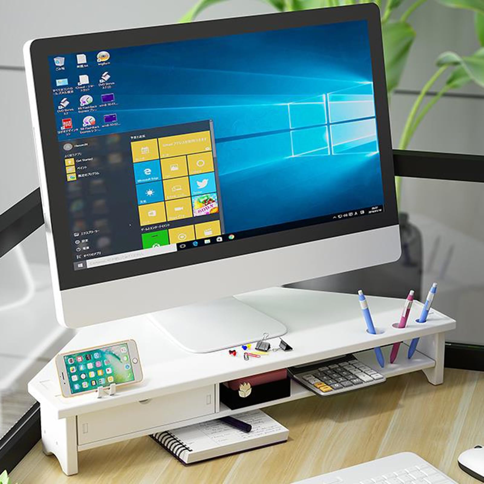 Support de moniteur d'angle compact blanc avec rangement de téléphone portable