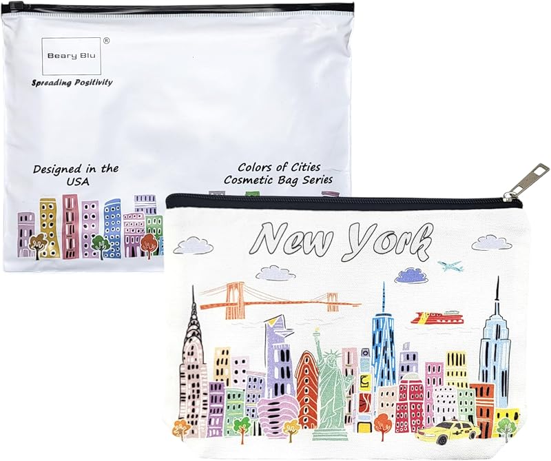Necessaire de maquiagem Beary Blu com estampa de Nova York e zíper