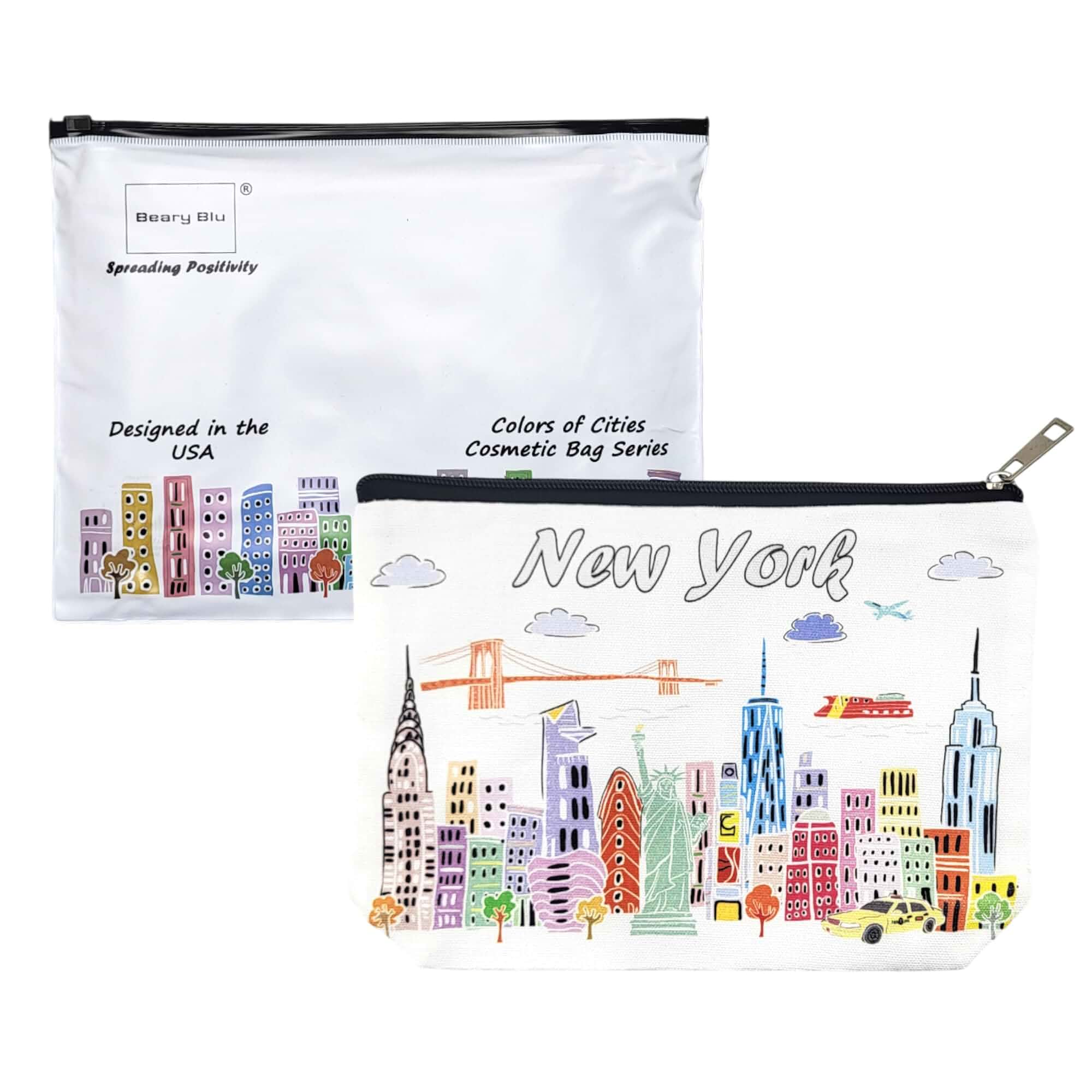 City Themed Artwork Cosmetic Bag Series – Designed in USA, Travel Makeup Bag with Zipper, Souvenir Gift for Women, Artwork Organizer for Purse or Toiletry (New York)
