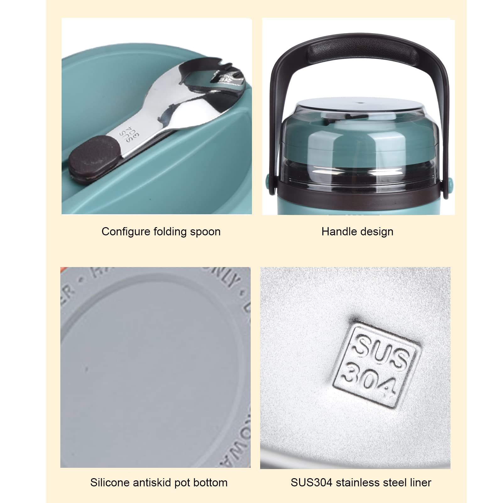 Contenedor de alimentos con aislamiento de acero inoxidable 304, lonchera, termo para comida caliente, lonchera térmica apilable multicapa a prueba de fugas de 2 litros (verde menta)