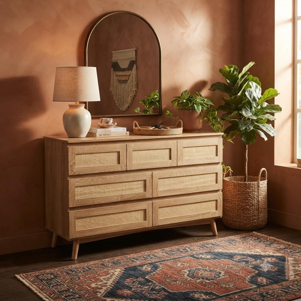 Patikuin Modern Rattan 7 Drawer Dresser for Bedroom, Wooden Chest of Drawers with Storage, Clothes Organizer Cabinet for Nursery, Living Room, Entryway, Natural Finish